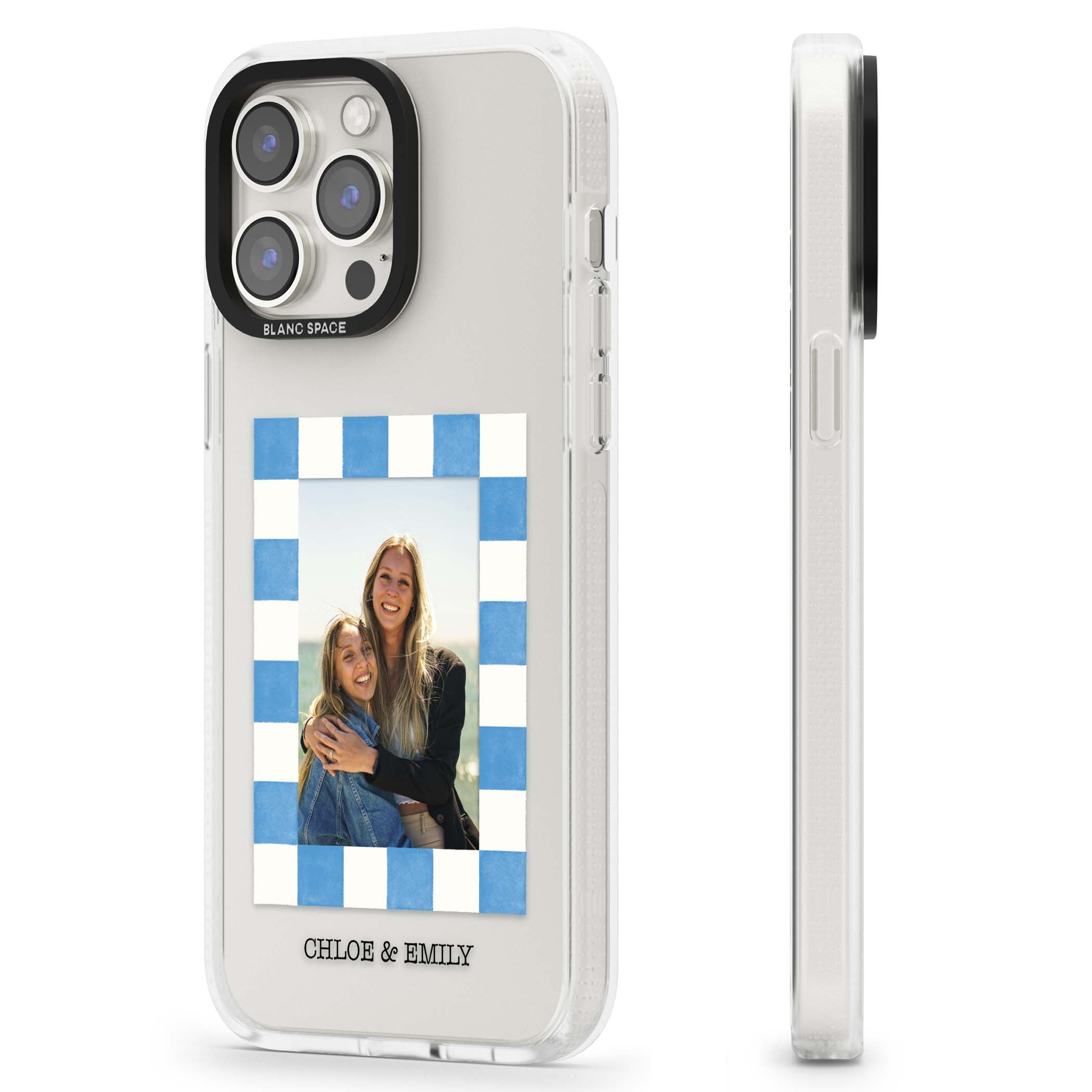 Blue Check Photo personalised photo iPhone case with blue checkered frame and custom couple names | Clear Case Impact Air case for iPhone 15 Pro, iPhone 15 Pro Max