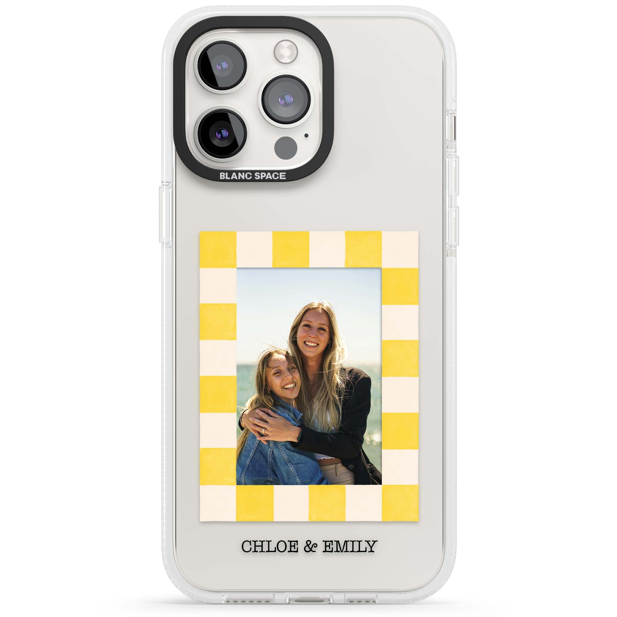 Yellow Check Photo personalised iPhone case with yellow checkered Polaroid frame and custom names beneath | Clear Case Impact Air case for iPhone 15 Pro, iPhone 15 Pro Max