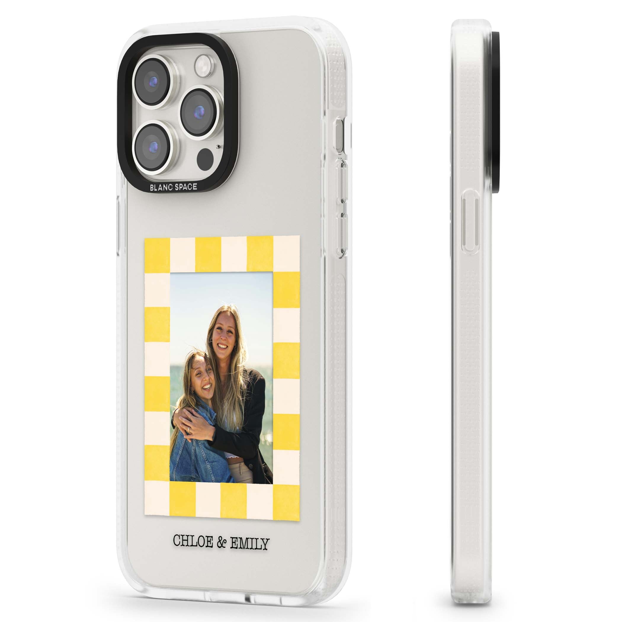 Yellow Check Photo personalised iPhone case with yellow checkered Polaroid frame and custom names beneath | Clear Case Impact Air case for iPhone 15 Pro, iPhone 15 Pro Max