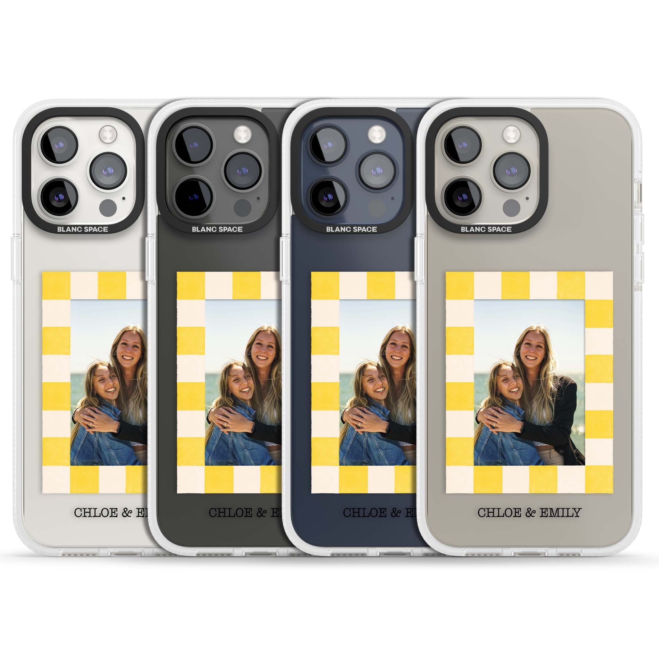 Yellow Check Photo personalised iPhone case with yellow checkered Polaroid frame and custom names beneath | Clear Case Impact Air case for iPhone 15 Pro, iPhone 15 Pro Max