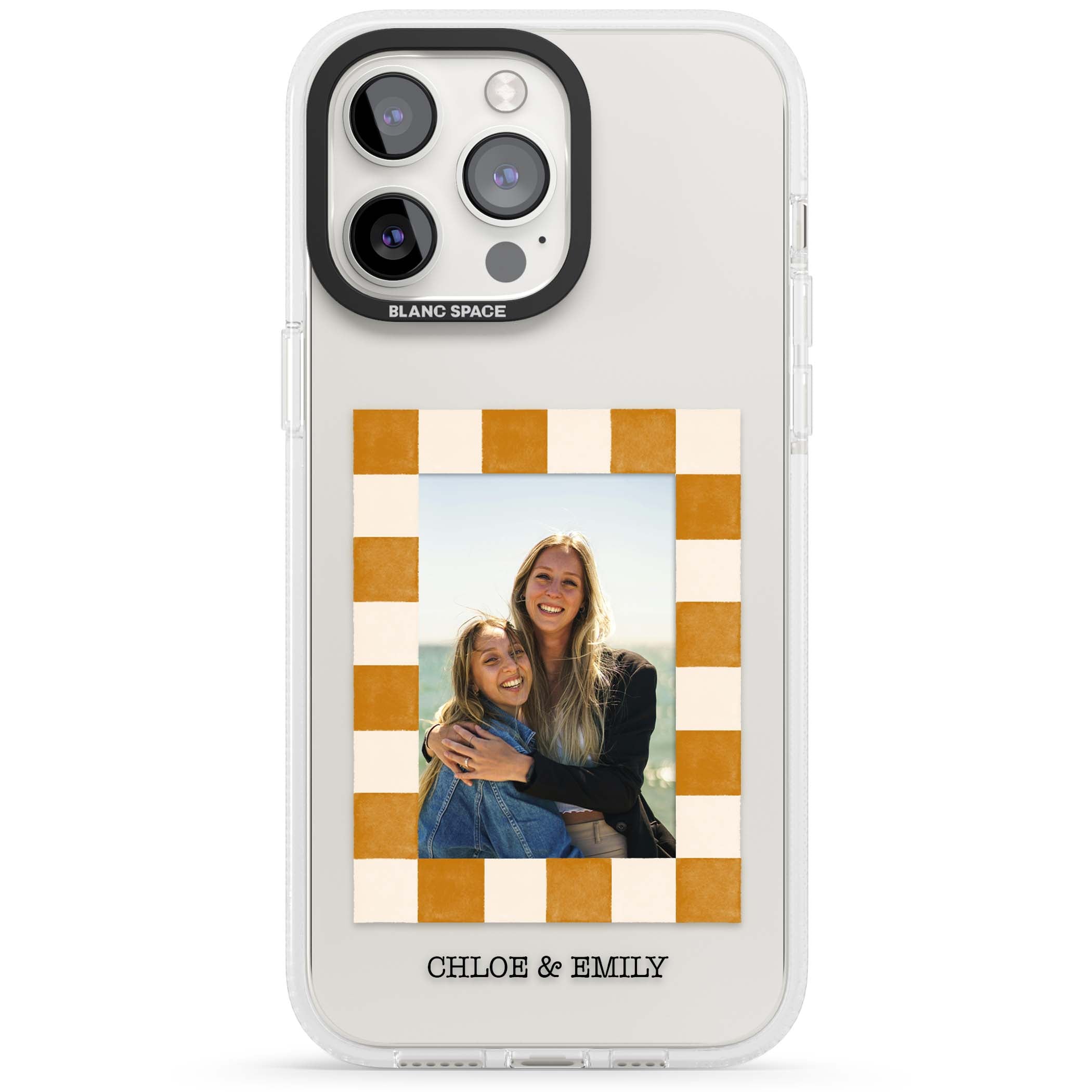 Citrus Check Photo personalised iPhone case with custom photo, orange checkered frame and names underneath | Clear Case Impact Air case for iPhone 15 Pro, iPhone 15 Pro Max