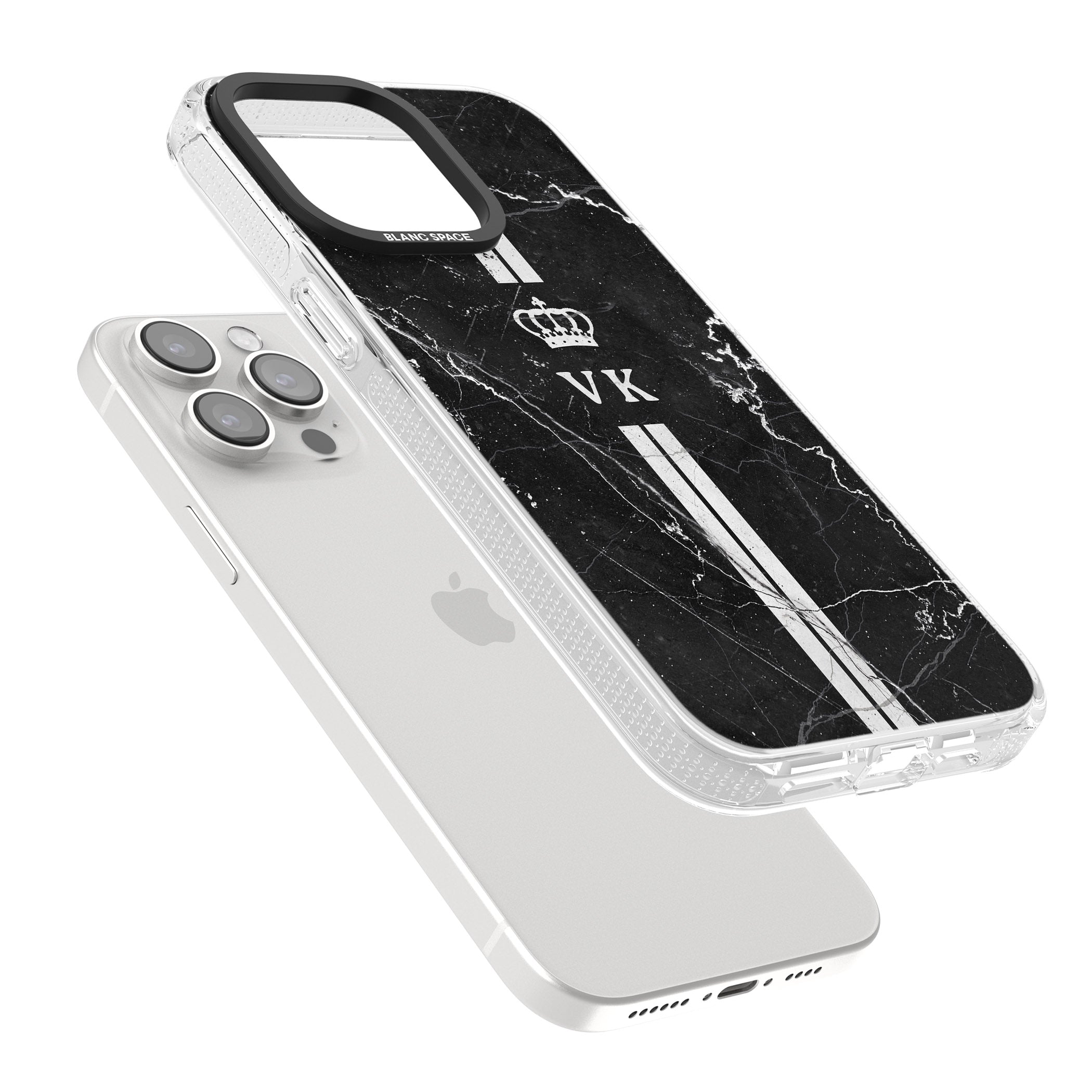 Personalised Stripes + Initials with Crown on Black Marble iPhone 15 Pro Max / 15 Pro / 14 Pro Max / 14 Pro / 13 Pro Clear Case Impact Air - Blanc Space