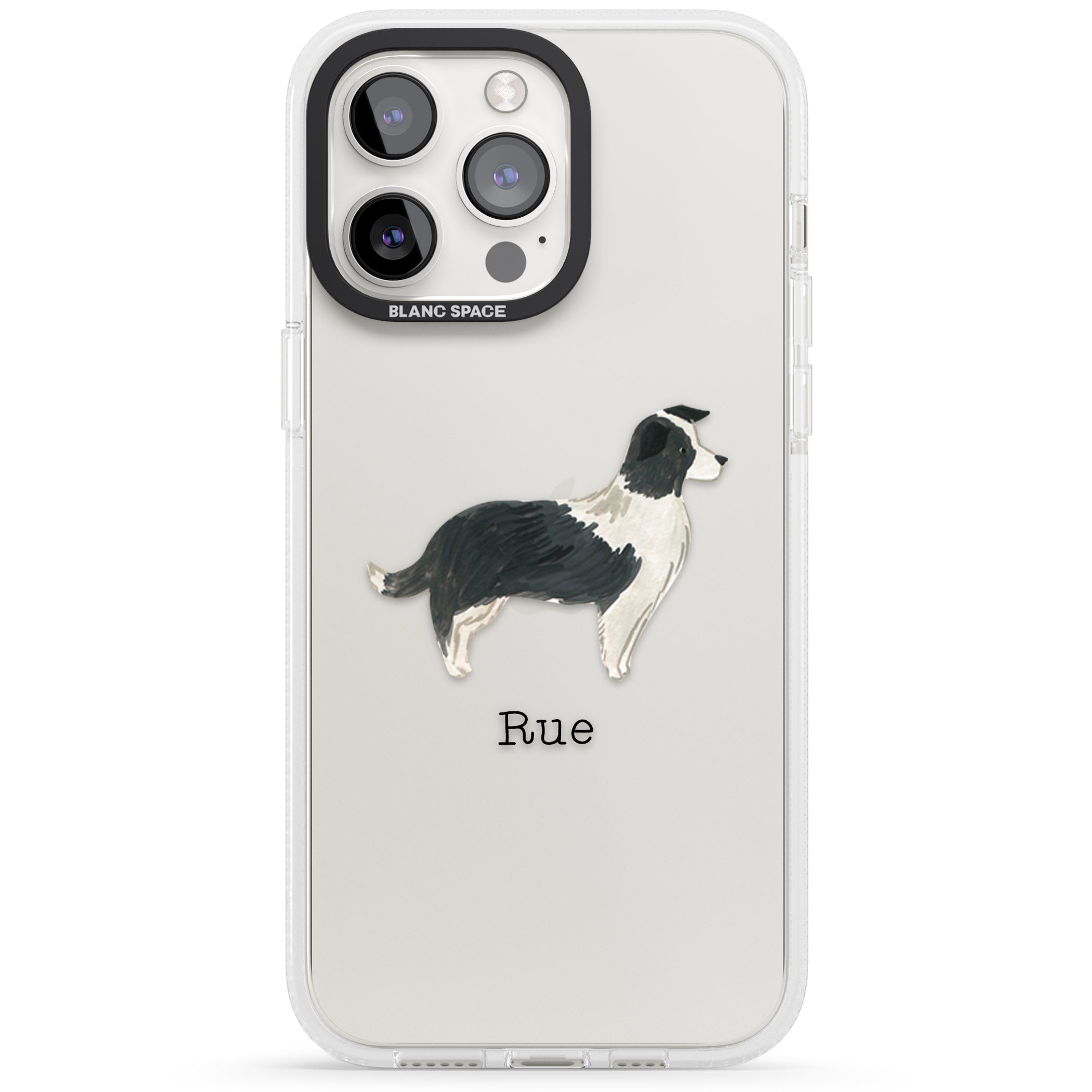 Personalised Border Collie iPhone 15 Pro Max / 15 Pro / 14 Pro Max / 14 Pro / 13 Pro Clear Case Impact Air - Blanc Space
