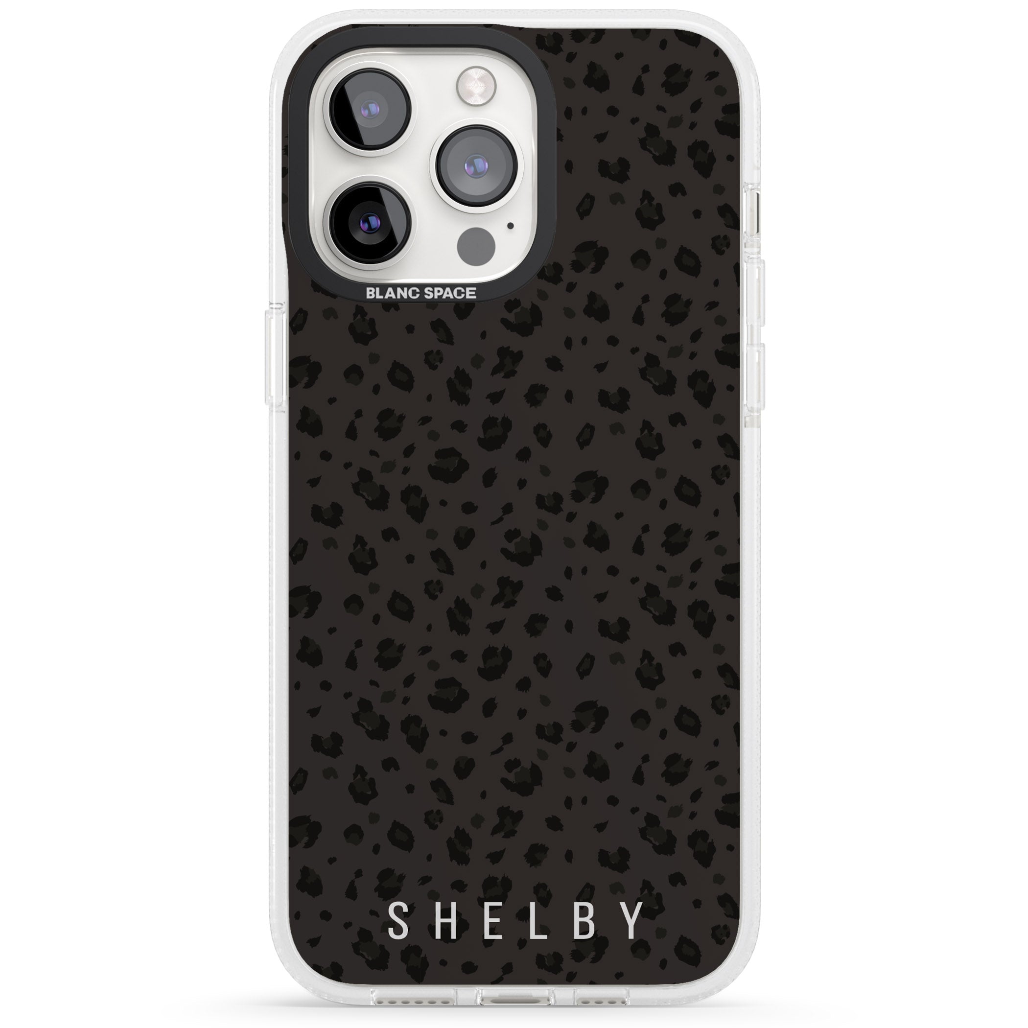 Personalised Minimal Lettering Dark Leopard iPhone 15 Pro Max / 15 Pro / 14 Pro Max / 14 Pro / 13 Pro Clear Case Impact Air - Blanc Space