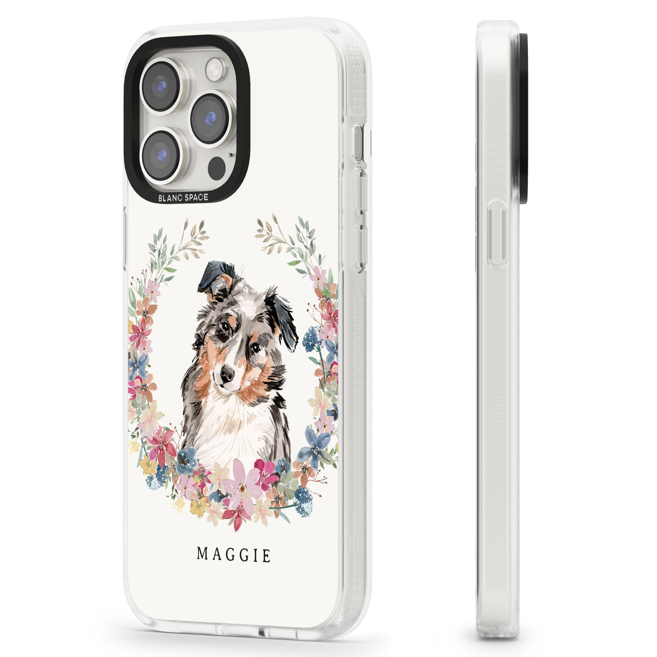 Personalised Australian Shepherd Watercolour Dog Portrait iPhone 15 Pro Max / 15 Pro / 14 Pro Max / 14 Pro / 13 Pro Clear Case Impact Air - Blanc Space