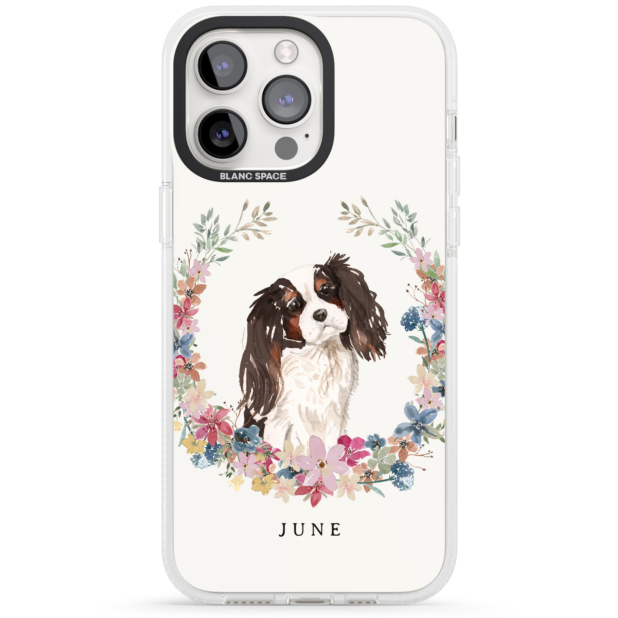 Personalised Tri Coloured King Charles Watercolour Dog Portrait iPhone 15 Pro Max / 15 Pro / 14 Pro Max / 14 Pro / 13 Pro Clear Case Impact Air - Blanc Space