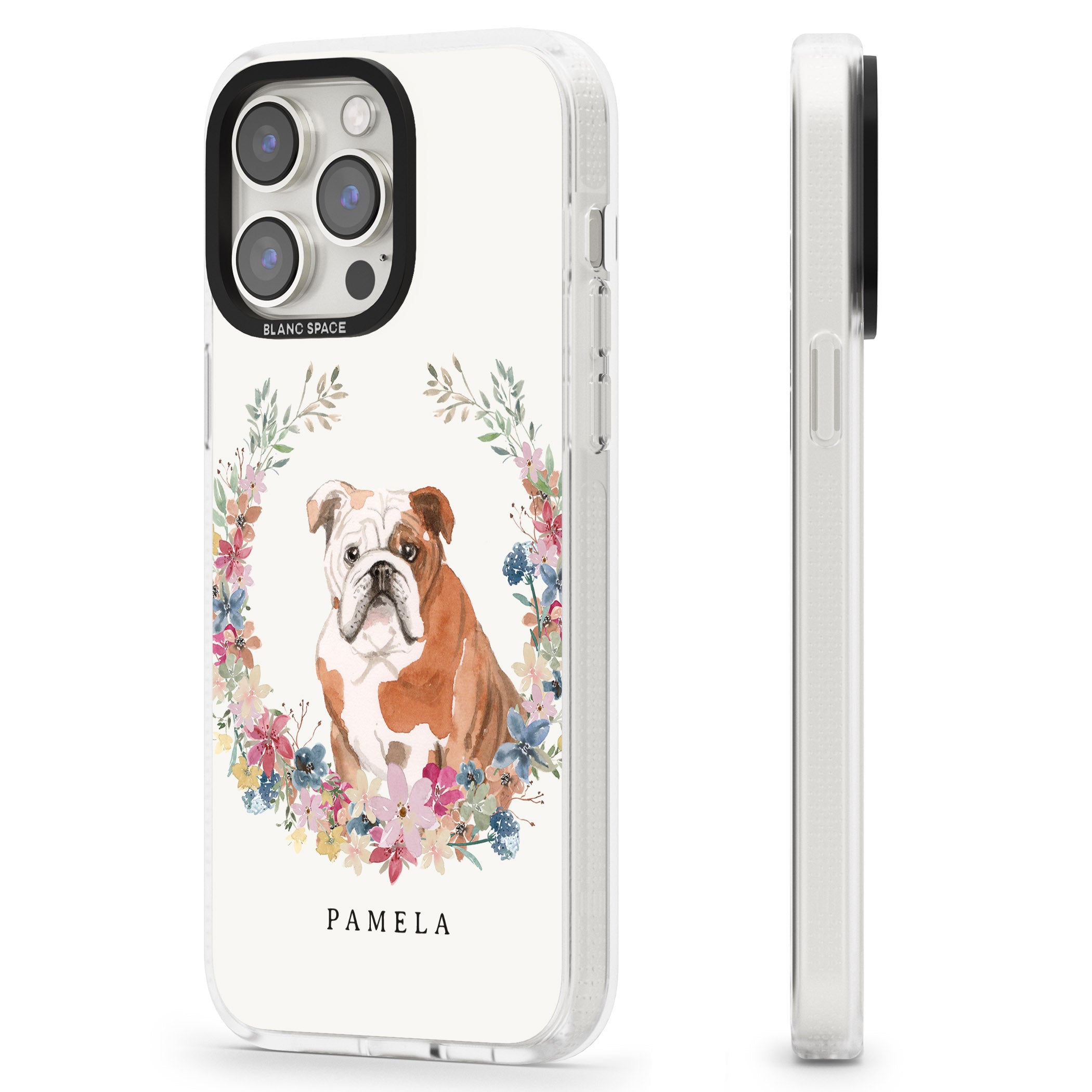 Personalised English Bulldog - Watercolour Dog Portrait iPhone 15 Pro Max / 15 Pro / 14 Pro Max / 14 Pro / 13 Pro Clear Case Impact Air - Blanc Space