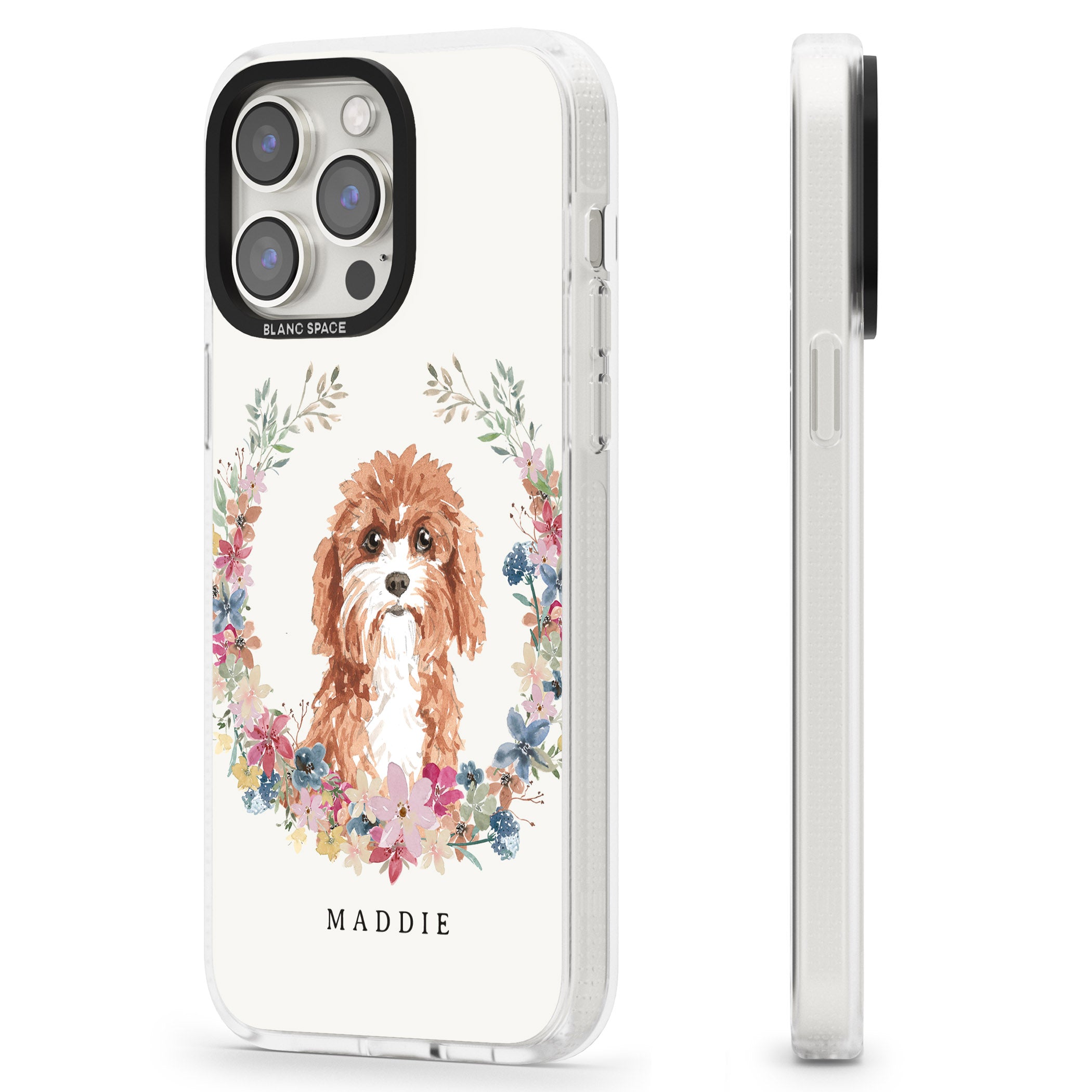 Personalised Cavapoo - Watercolour Dog Portrait iPhone 15 Pro Max / 15 Pro / 14 Pro Max / 14 Pro / 13 Pro Clear Case Impact Air - Blanc Space