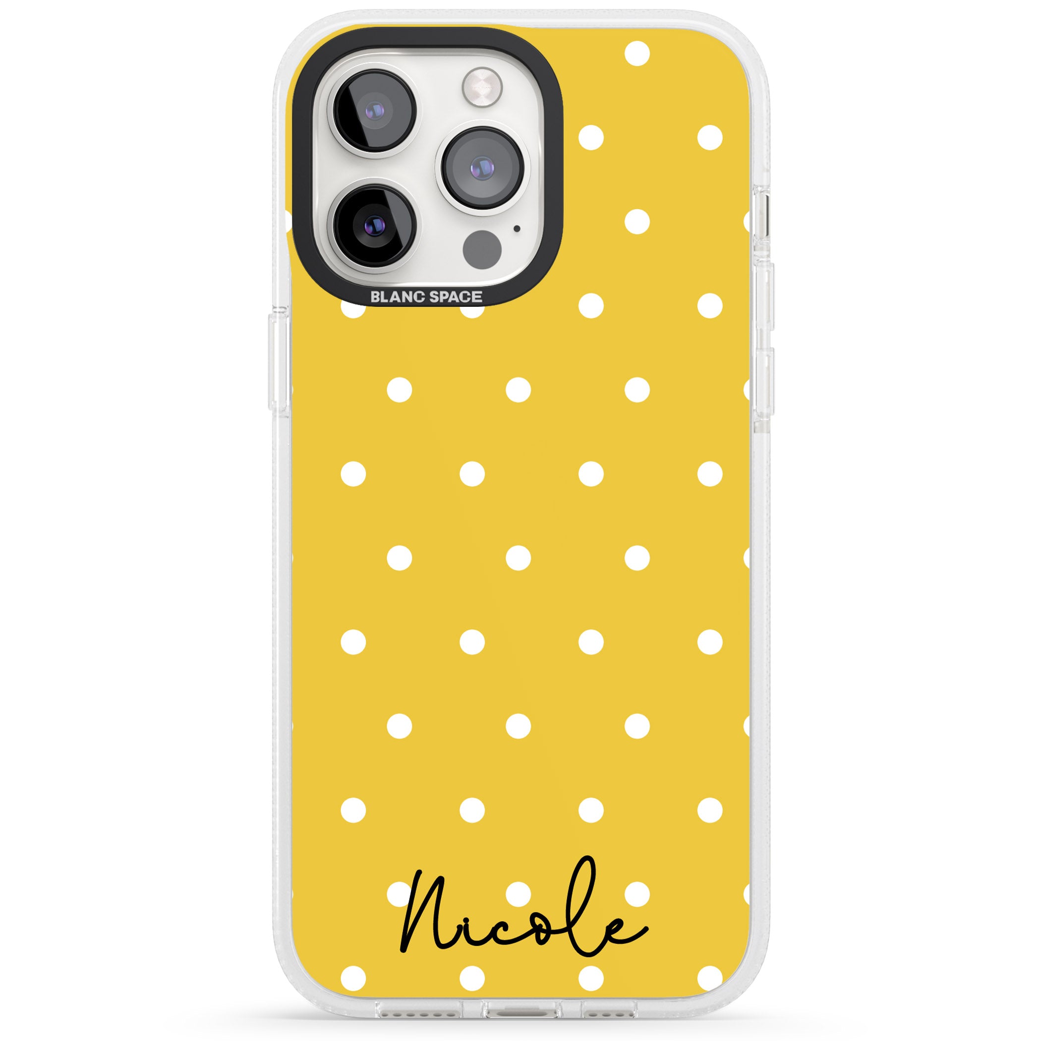 Personalised Yellow Polka Dot iPhone 15 Pro Max / 15 Pro / 14 Pro Max / 14 Pro / 13 Pro Clear Case Impact Air - Blanc Space