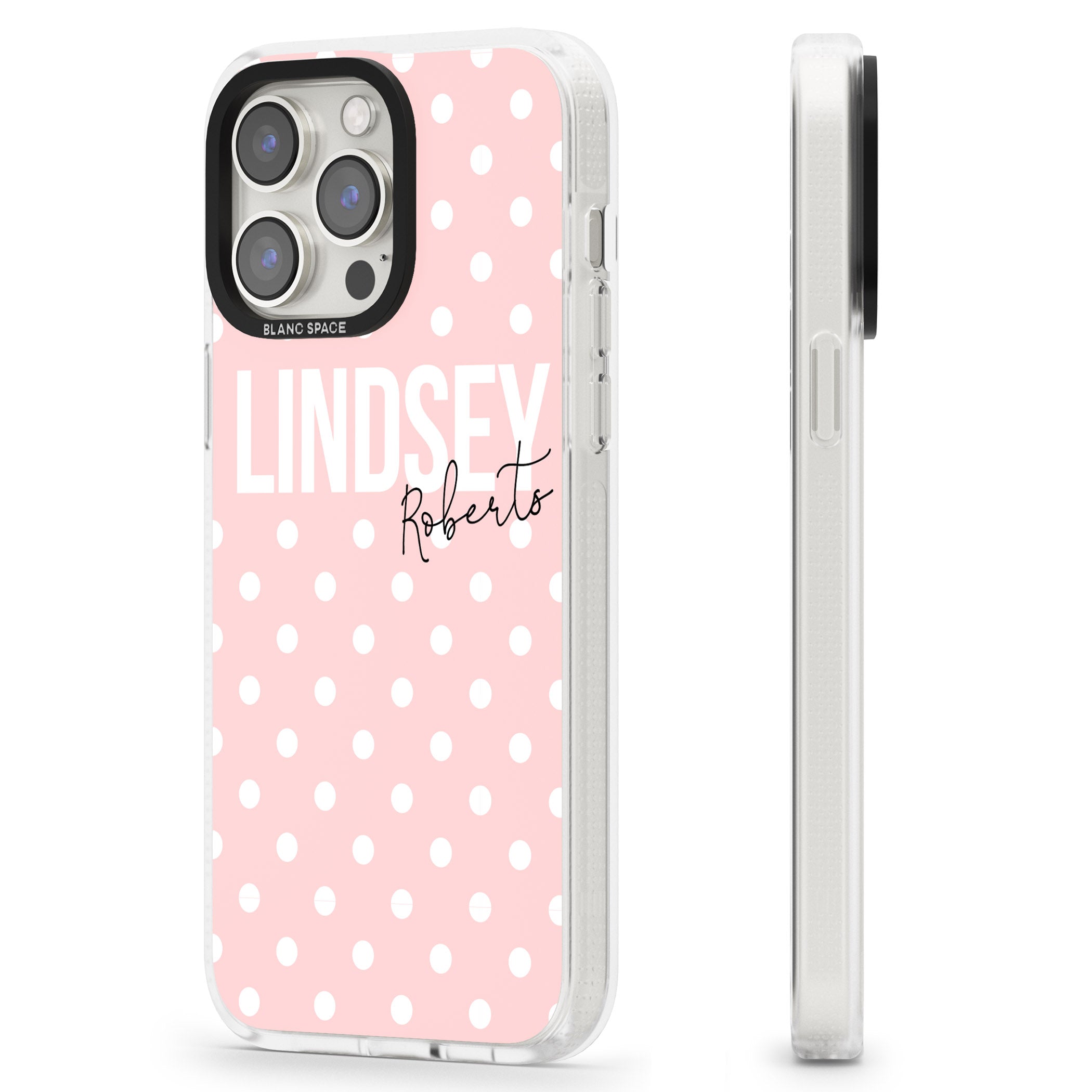 Personalised Pink Polka iPhone 15 Pro Max / 15 Pro / 14 Pro Max / 14 Pro / 13 Pro Clear Case Impact Air - Blanc Space