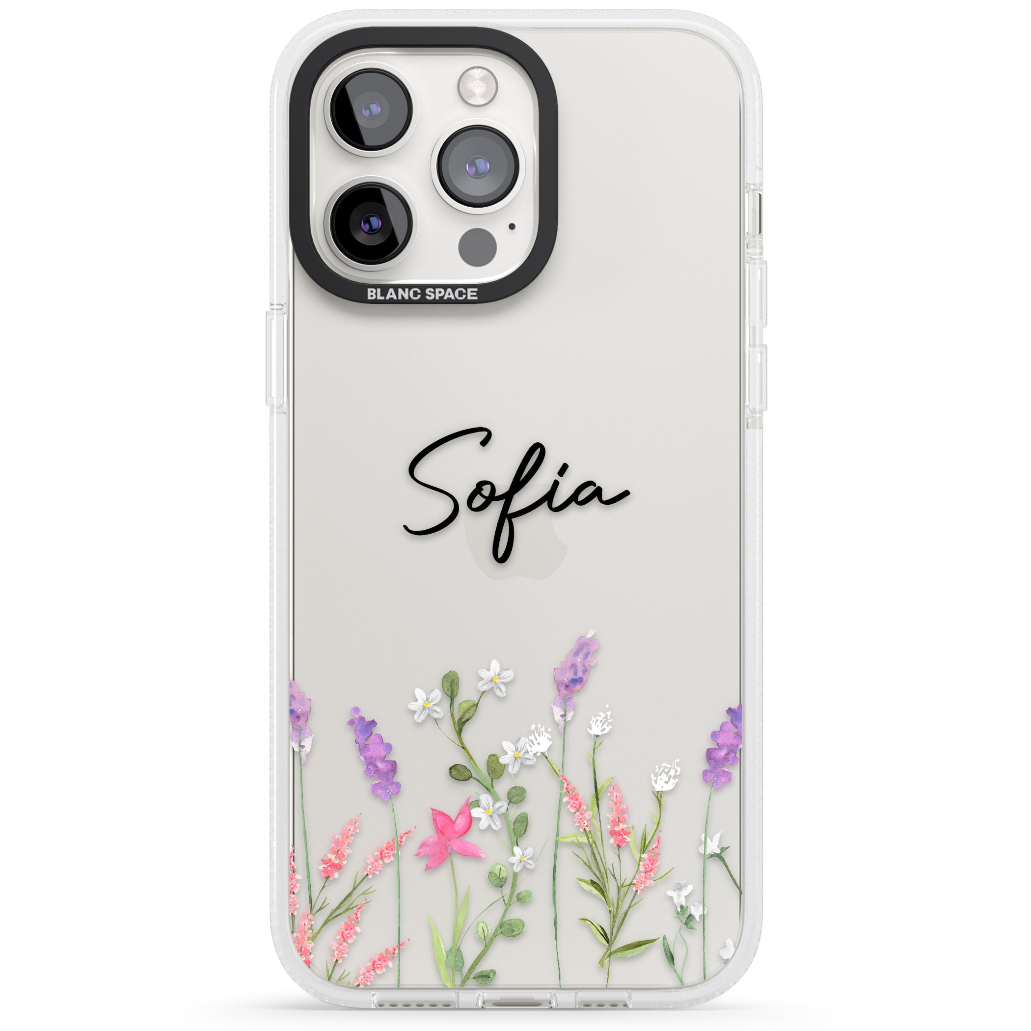 Personalised Lavender Wildflowers iPhone 15 Pro Max / 15 Pro / 14 Pro Max / 14 Pro / 13 Pro Clear Case Impact Air - Blanc Space