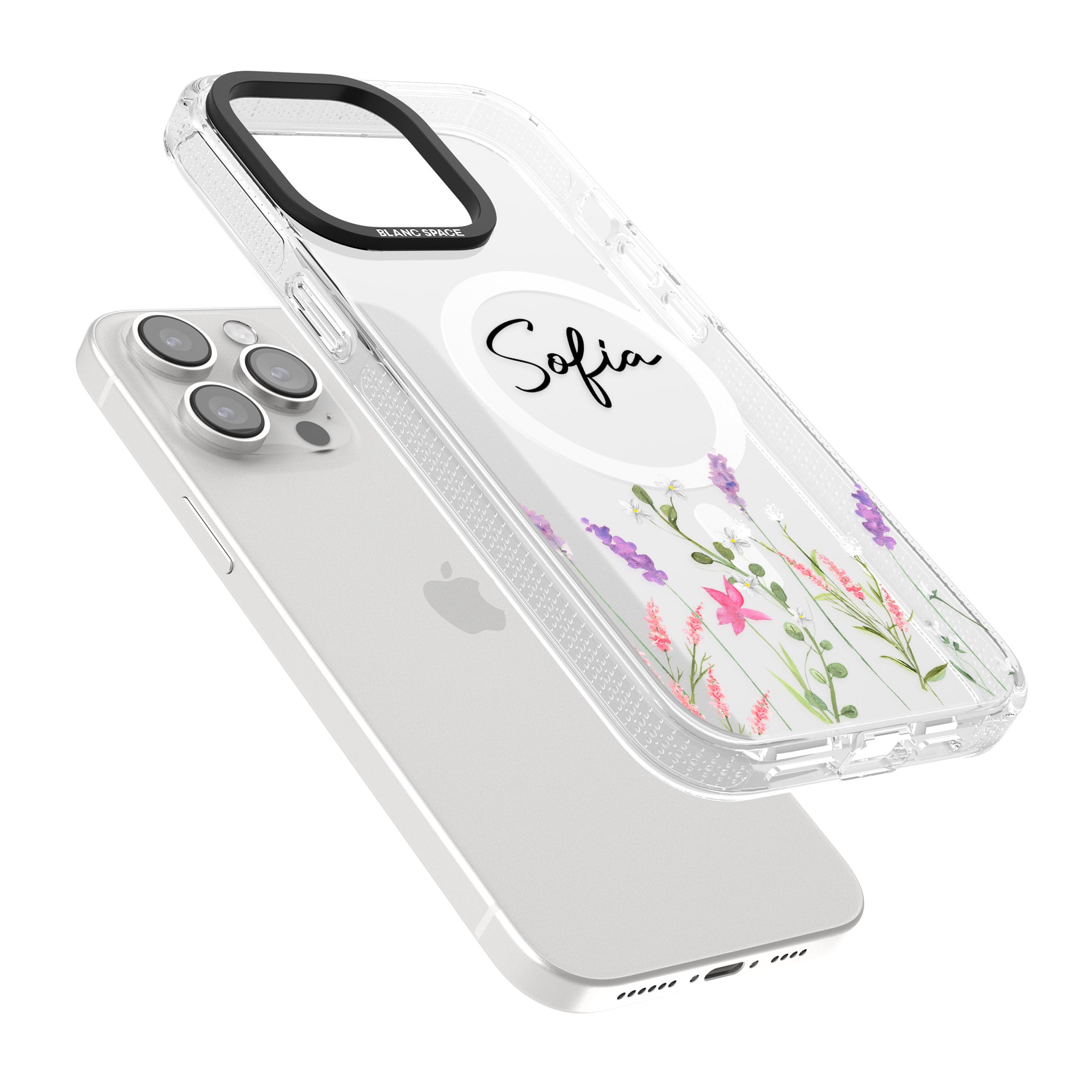 Personalised Lavender Wildflowers iPhone 15 Pro Max / 15 Pro / 14 Pro Max / 14 Pro / 13 Pro Clear Case Impact Air - Blanc Space