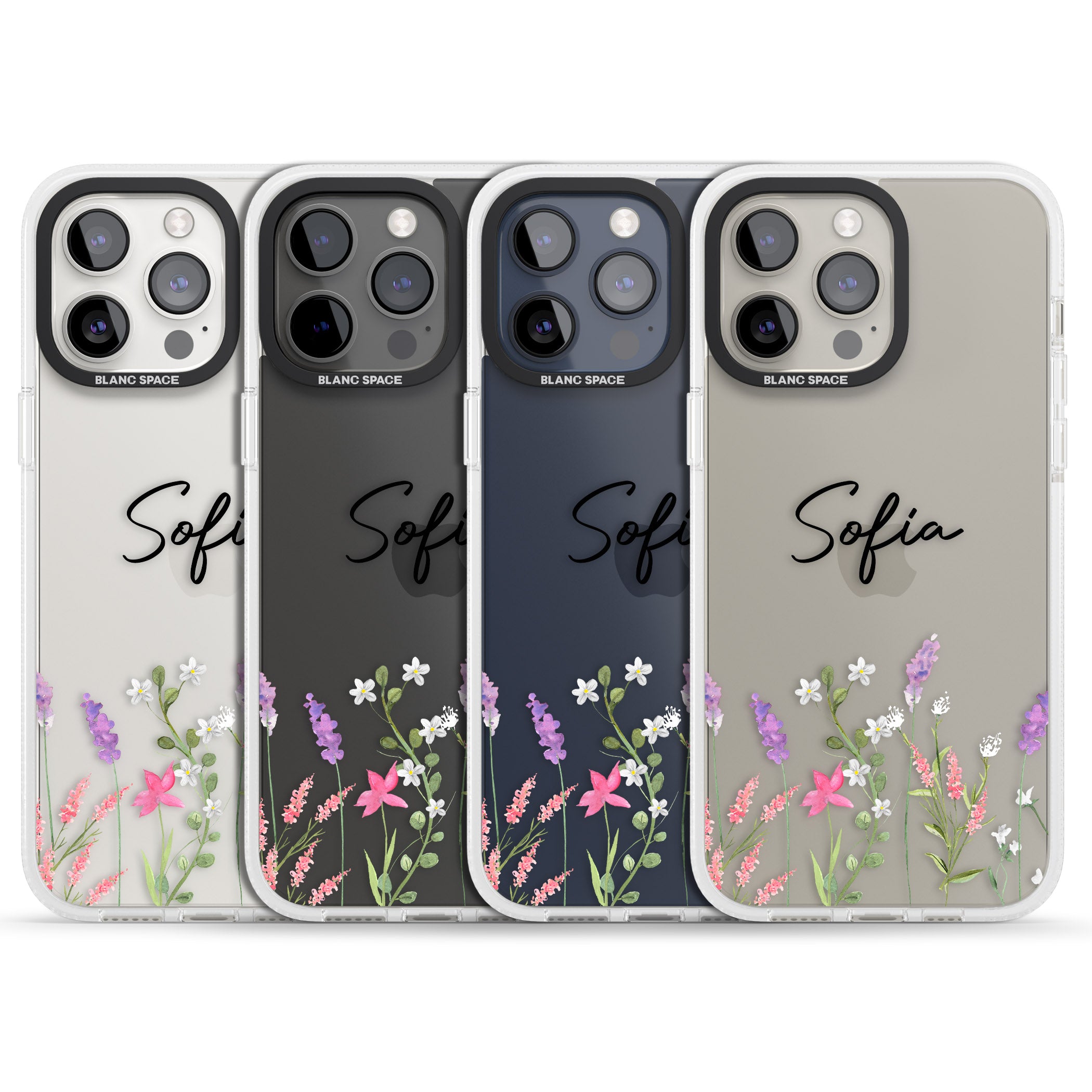 Personalised Lavender Wildflowers iPhone 15 Pro Max / 15 Pro / 14 Pro Max / 14 Pro / 13 Pro Clear Case Impact Air - Blanc Space