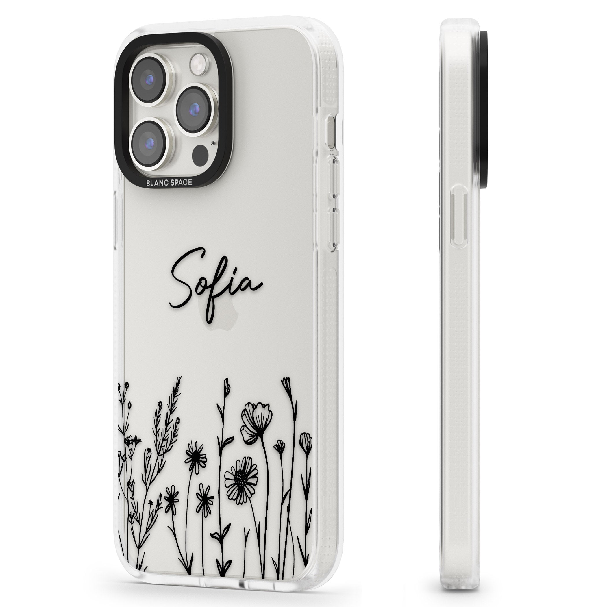 Personalised Black Wildflowers iPhone 15 Pro Max / 15 Pro / 14 Pro Max / 14 Pro / 13 Pro Clear Case Impact Air - Blanc Space