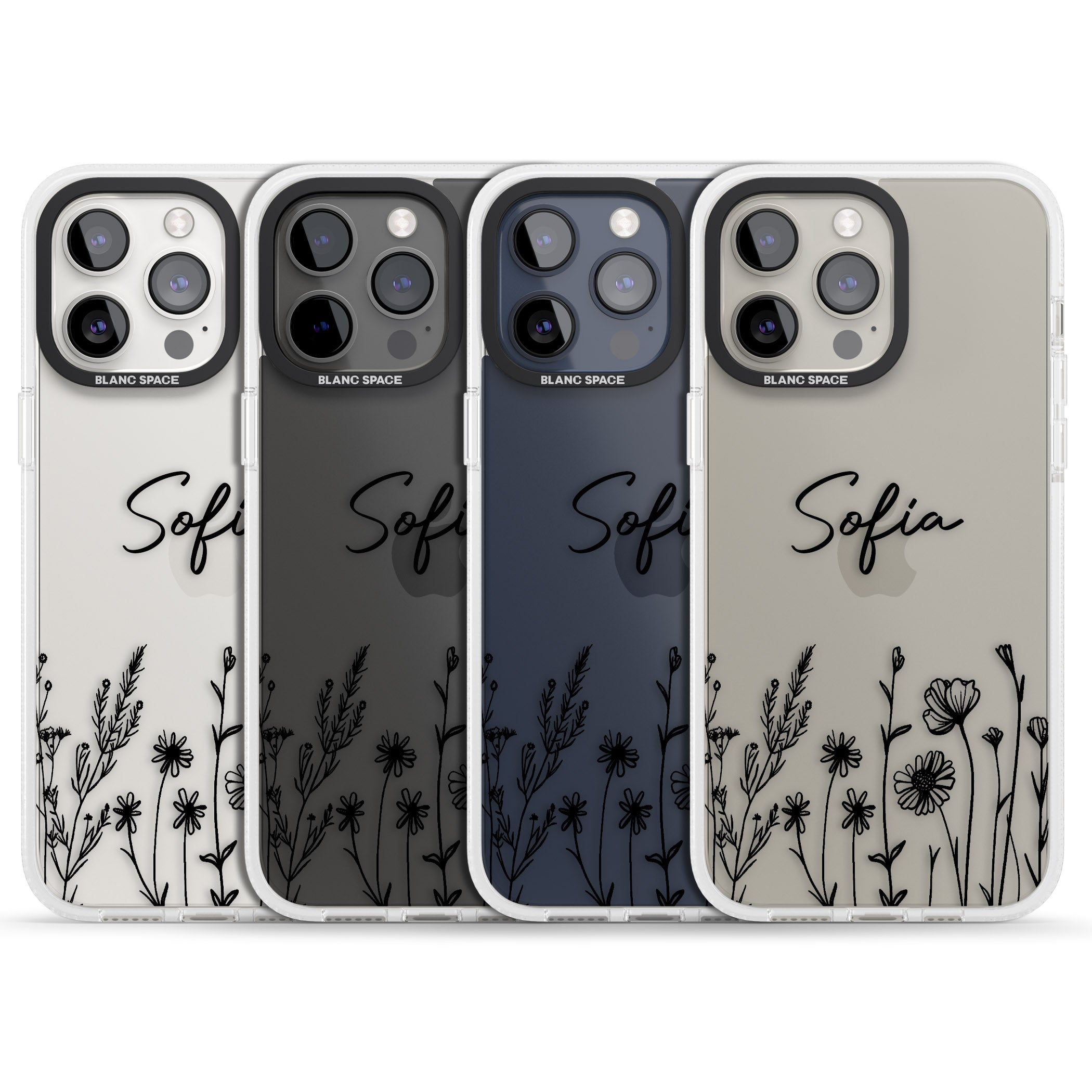 Personalised Black Wildflowers iPhone 15 Pro Max / 15 Pro / 14 Pro Max / 14 Pro / 13 Pro Clear Case Impact Air - Blanc Space