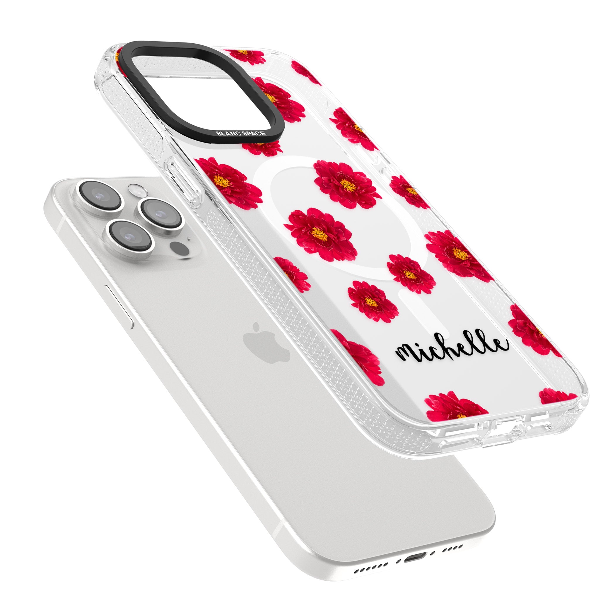Personalised Red Peonies & Cursive iPhone 15 Pro Max / 15 Pro / 14 Pro Max / 14 Pro / 13 Pro Clear Case Impact Air - Blanc Space