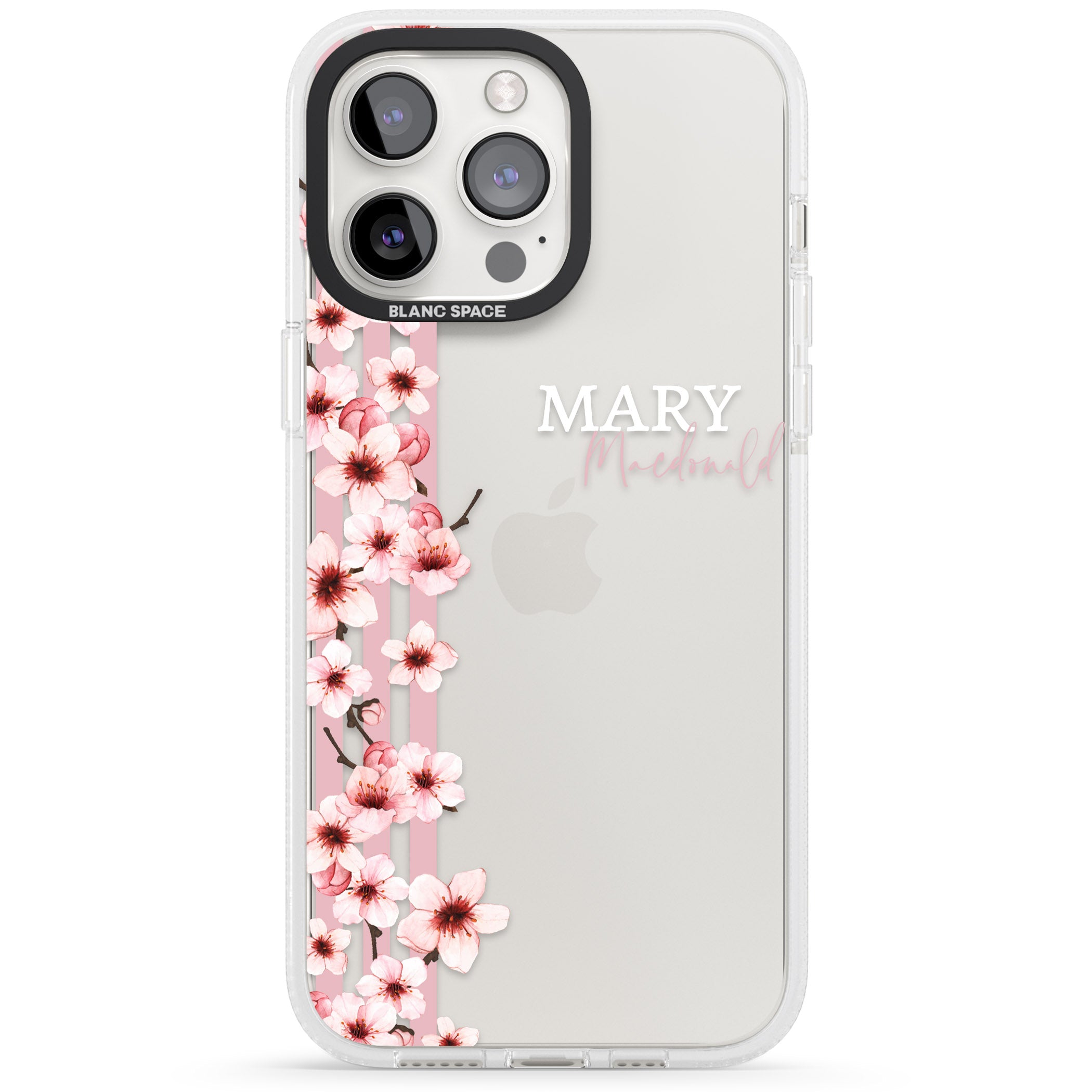 Personalised Cherry Blossoms & Stripes iPhone 15 Pro Max / 15 Pro / 14 Pro Max / 14 Pro / 13 Pro Clear Case Impact Air - Blanc Space