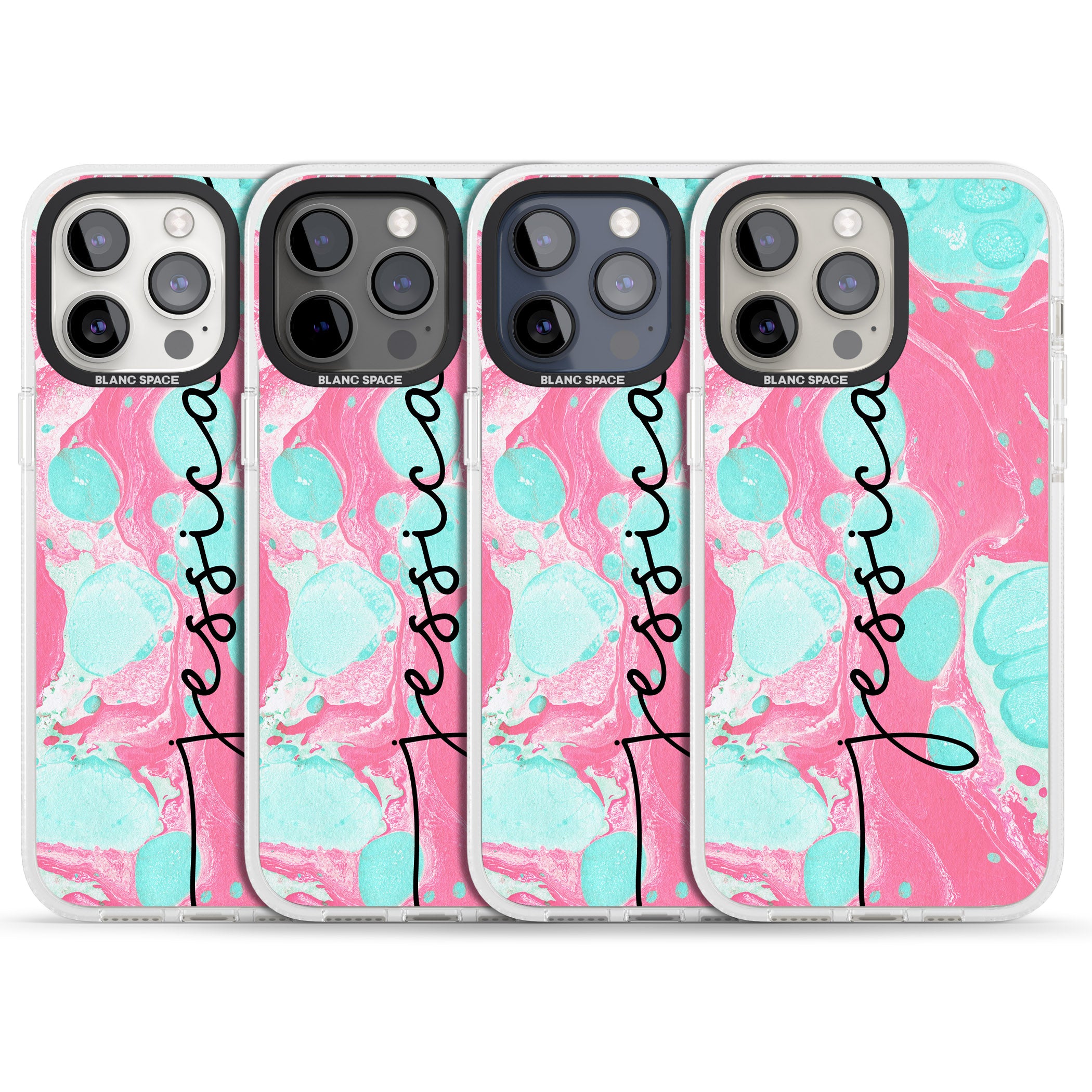 Personalised Turquoise & Pink - Marbled iPhone 15 Pro Max / 15 Pro / 14 Pro Max / 14 Pro / 13 Pro Clear Case Impact Air - Blanc Space