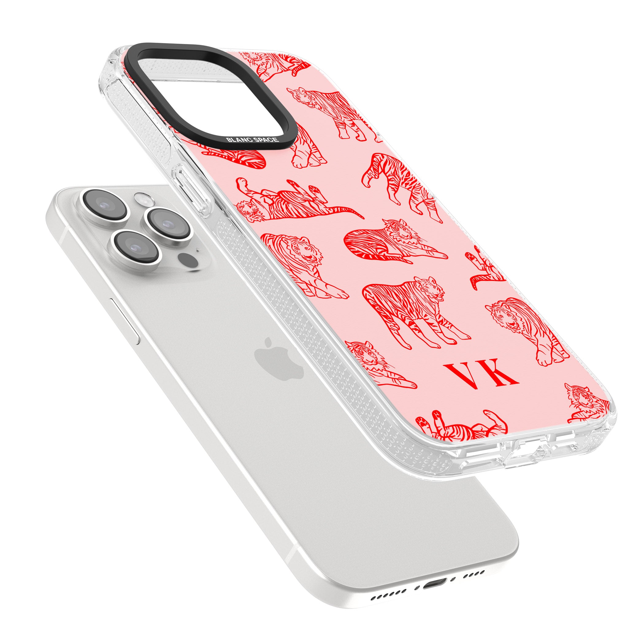 Personalised Red Tiger Outlines on Pink iPhone 15 Pro Max / 15 Pro / 14 Pro Max / 14 Pro / 13 Pro Clear Case Impact Air - Blanc Space
