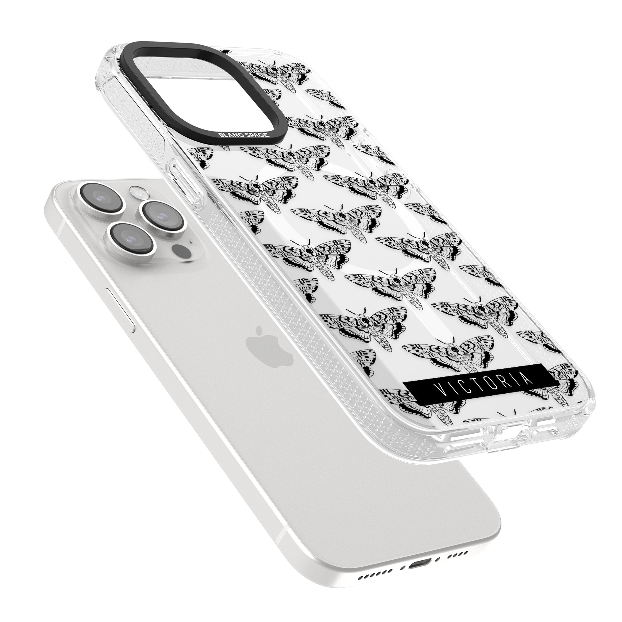 Personalised Hawk Moth Pattern iPhone 15 Pro Max / 15 Pro / 14 Pro Max / 14 Pro / 13 Pro Clear Case Impact Air - Blanc Space