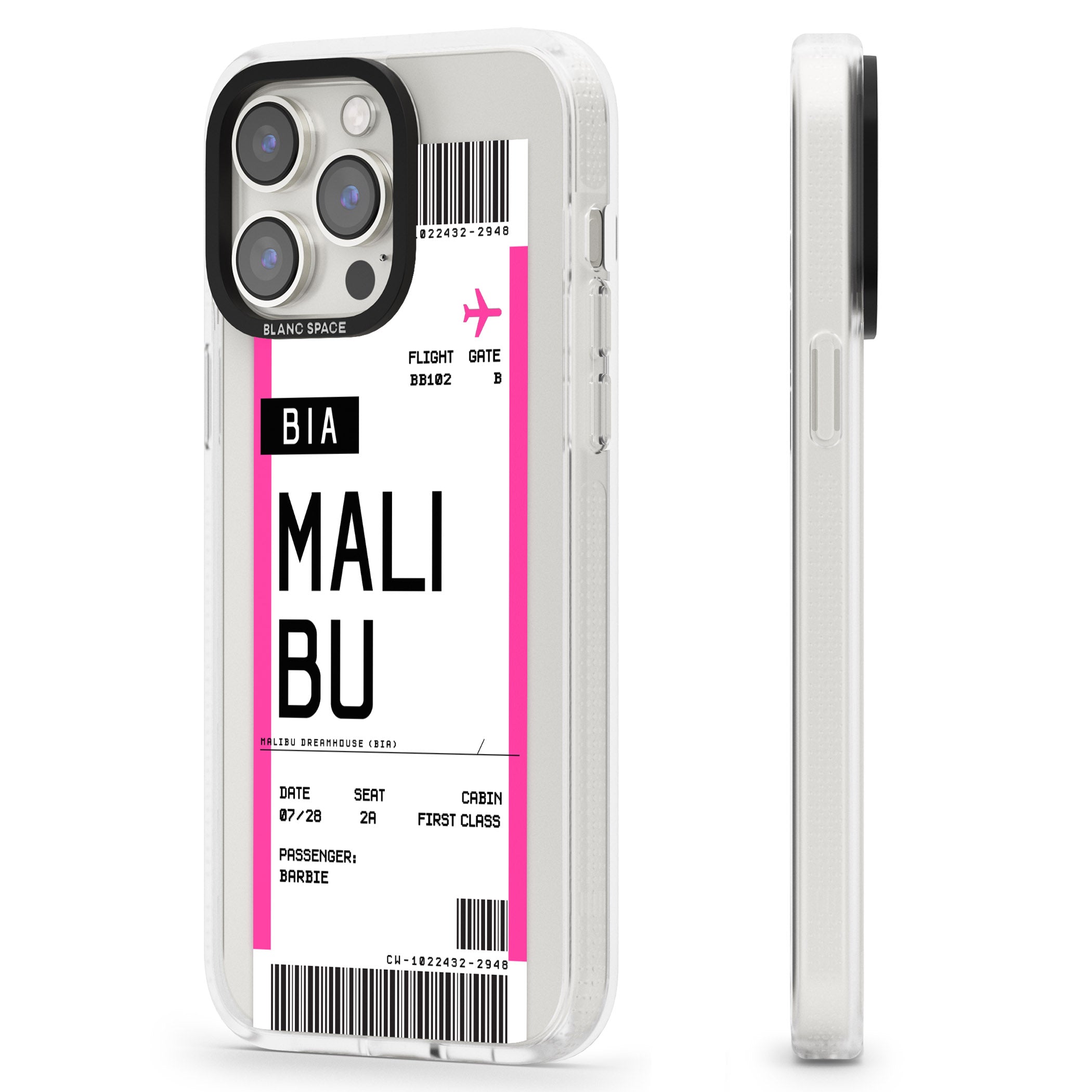 Personalised Pink Malibu Boarding Pass iPhone 15 Pro Max / 15 Pro / 14 Pro Max / 14 Pro / 13 Pro Clear Case Impact Air - Blanc Space