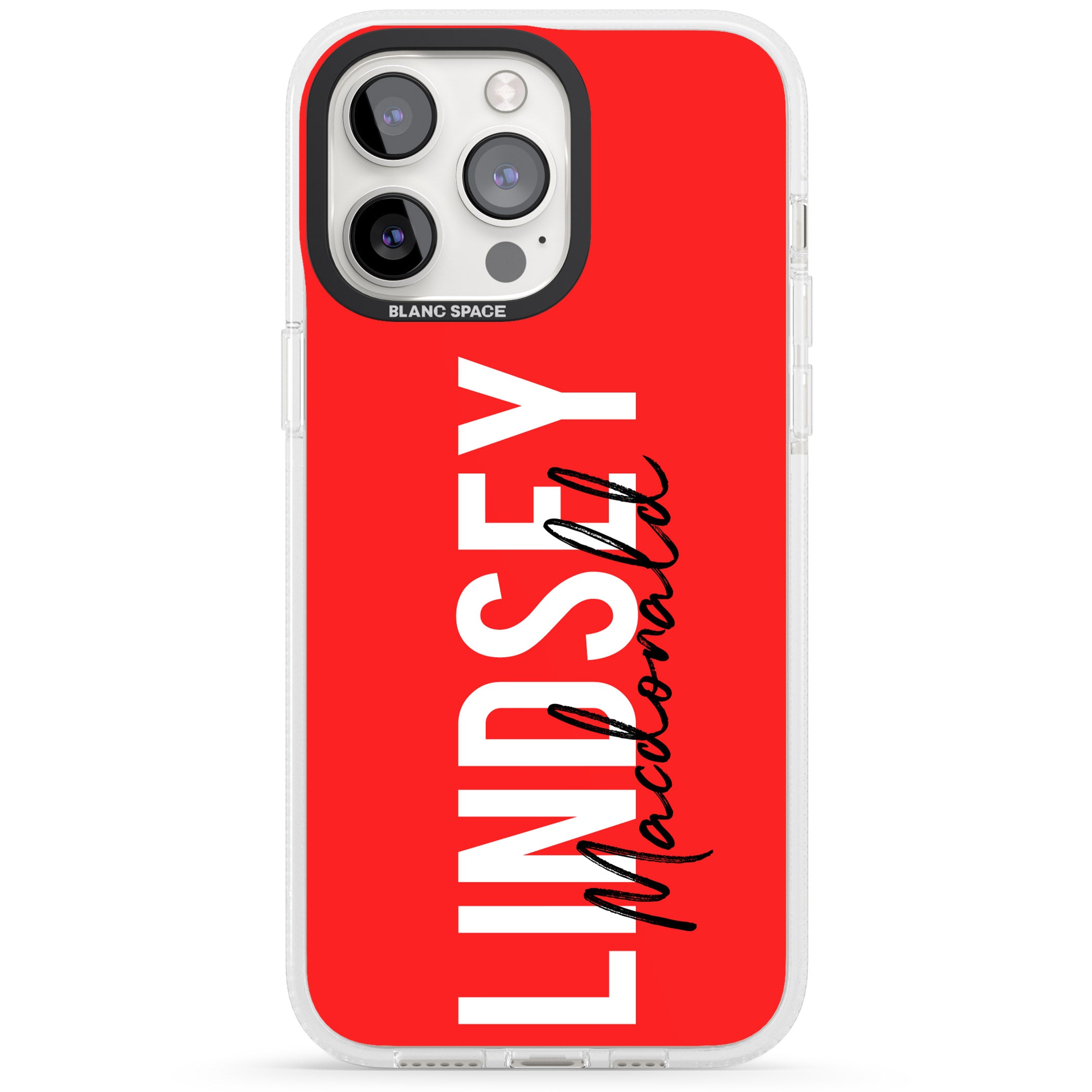 Personalised Bold Name: Red iPhone 15 Pro Max / 15 Pro / 14 Pro Max / 14 Pro / 13 Pro Clear Case Impact Air - Blanc Space