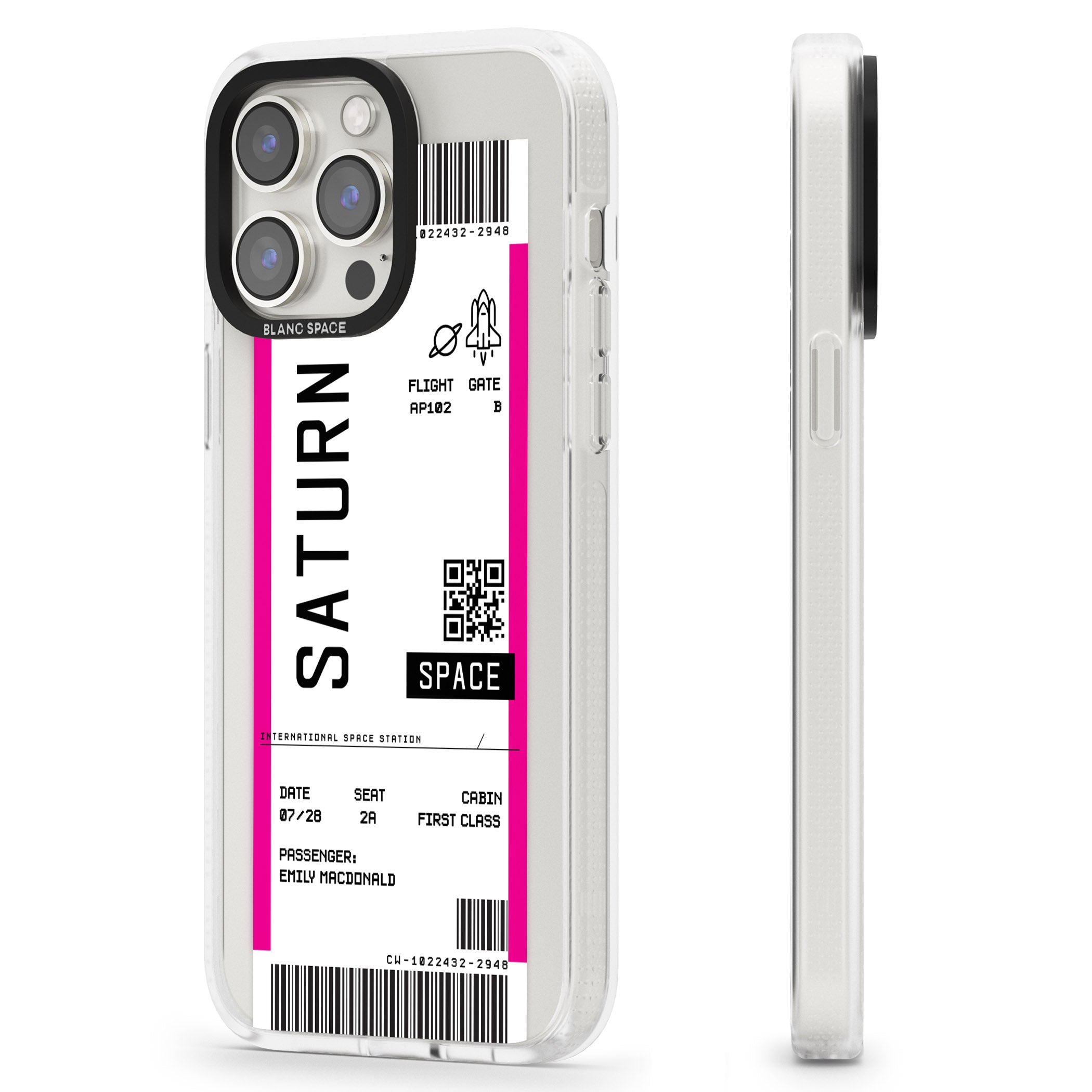 Personalised Saturn Space Travel Ticket iPhone 15 Pro Max / 15 Pro / 14 Pro Max / 14 Pro / 13 Pro Clear Case Impact Air - Blanc Space