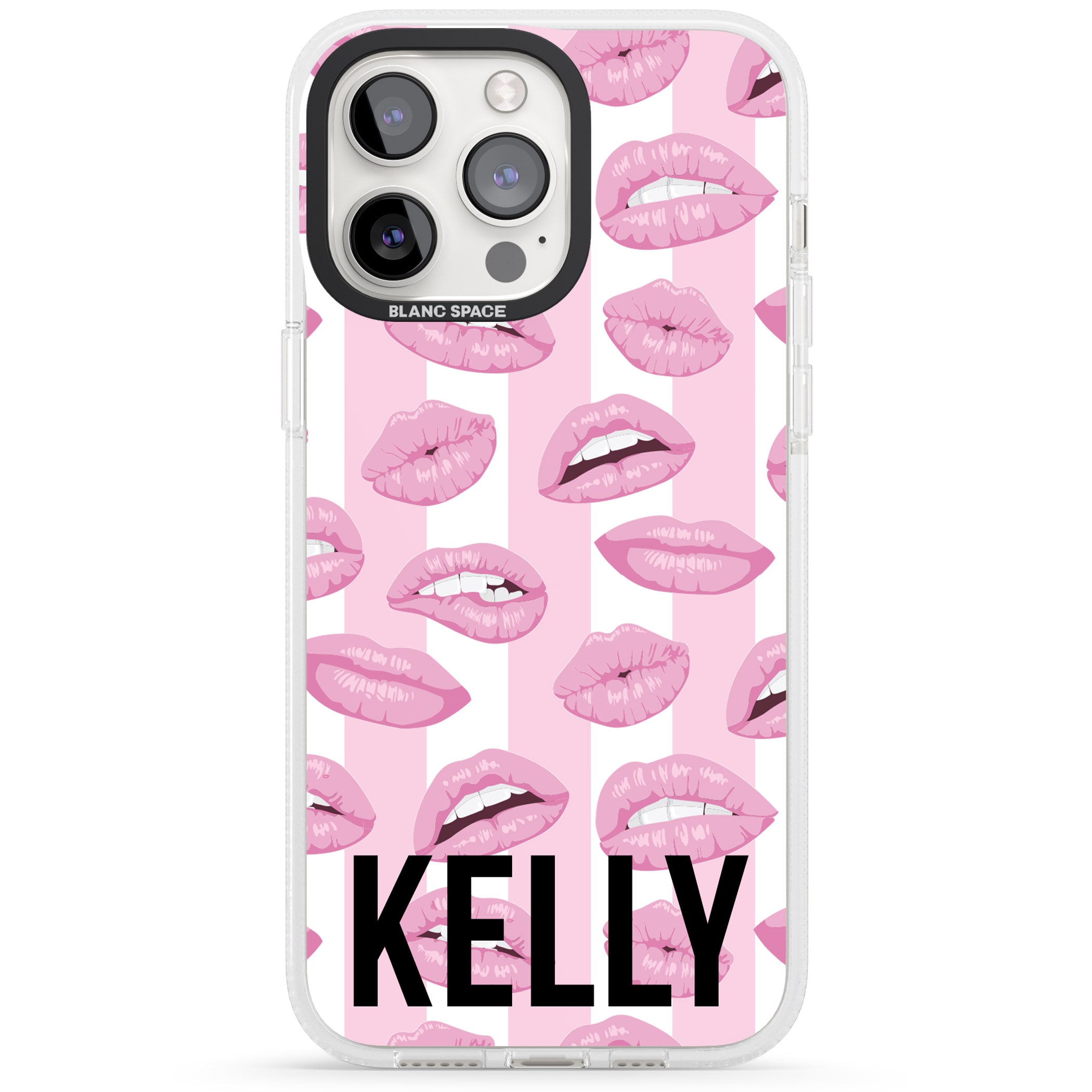 Personalised Pink Stripes & Lips iPhone 15 Pro Max / 15 Pro / 14 Pro Max / 14 Pro / 13 Pro Clear Case Impact Air - Blanc Space