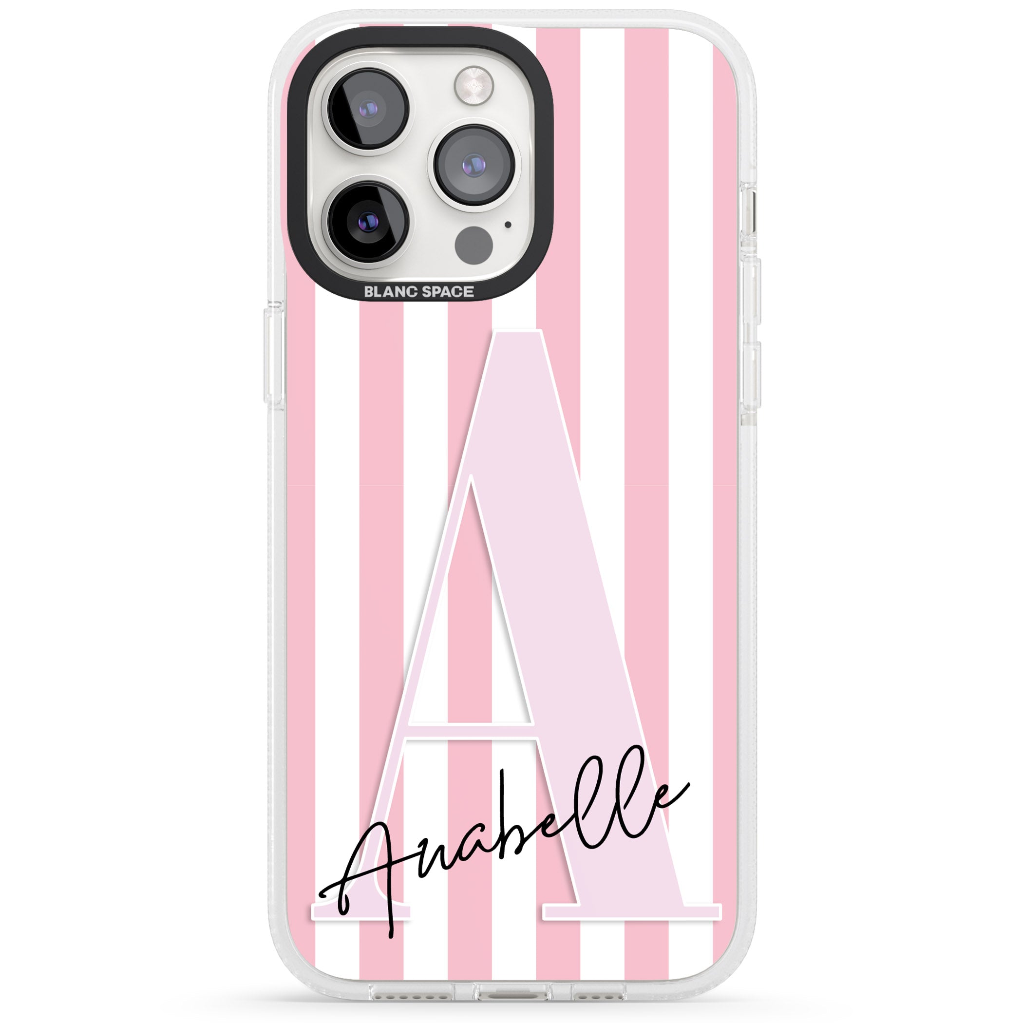 Personalised Pink Stripes & Large Monogram iPhone 15 Pro Max / 15 Pro / 14 Pro Max / 14 Pro / 13 Pro Clear Case Impact Air - Blanc Space