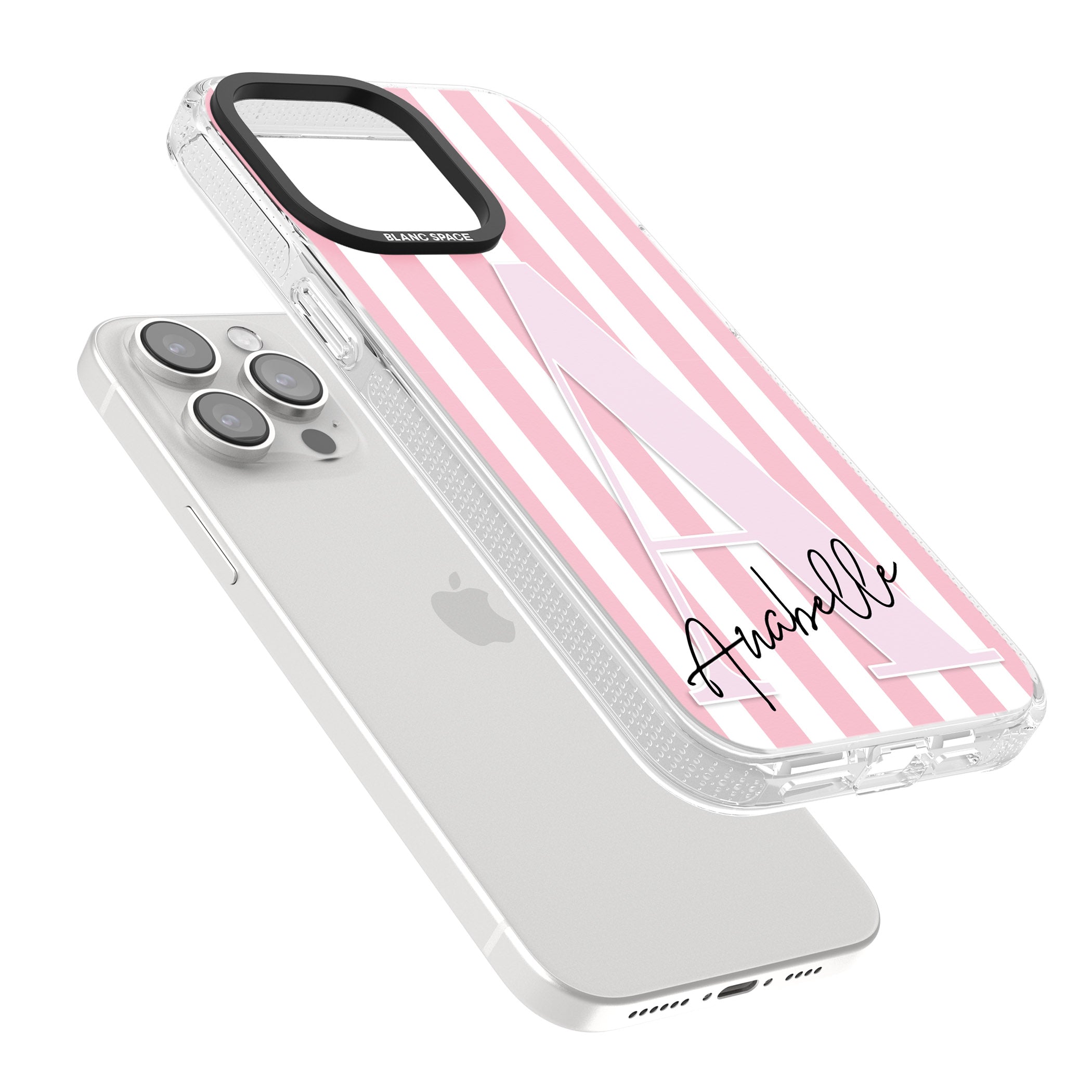 Personalised Pink Stripes & Large Monogram iPhone 15 Pro Max / 15 Pro / 14 Pro Max / 14 Pro / 13 Pro Clear Case Impact Air - Blanc Space
