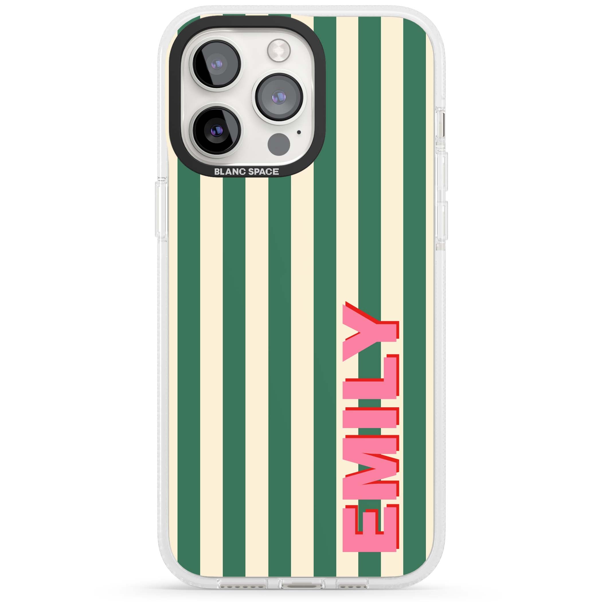 Wimbledon Stripe preppy iPhone case featuring green and cream vertical stripes with a personalised pink name | Clear Case Impact Air case for iPhone 15 Pro, iPhone 15 Pro Max