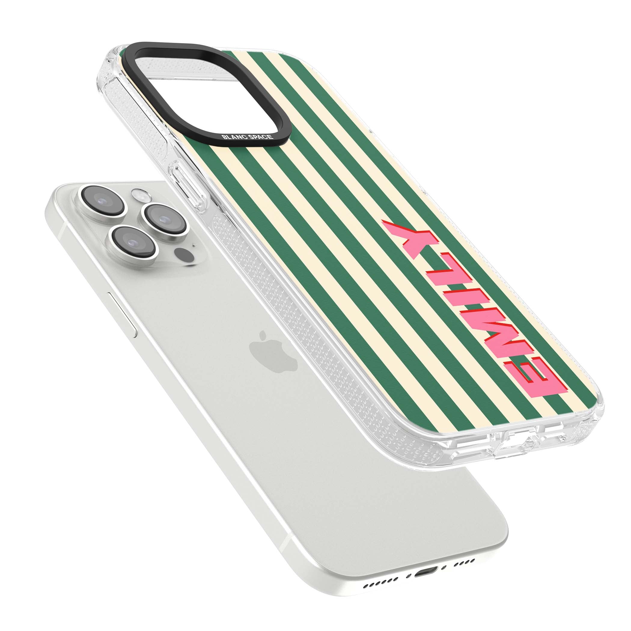 Wimbledon Stripe preppy iPhone case featuring green and cream vertical stripes with a personalised pink name | Clear Case Impact Air case for iPhone 15 Pro, iPhone 15 Pro Max