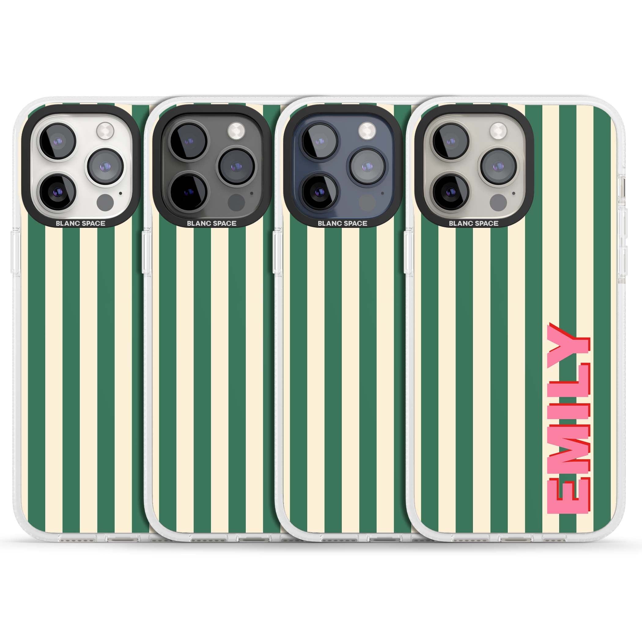 Wimbledon Stripe preppy iPhone case featuring green and cream vertical stripes with a personalised pink name | Clear Case Impact Air case for iPhone 15 Pro, iPhone 15 Pro Max