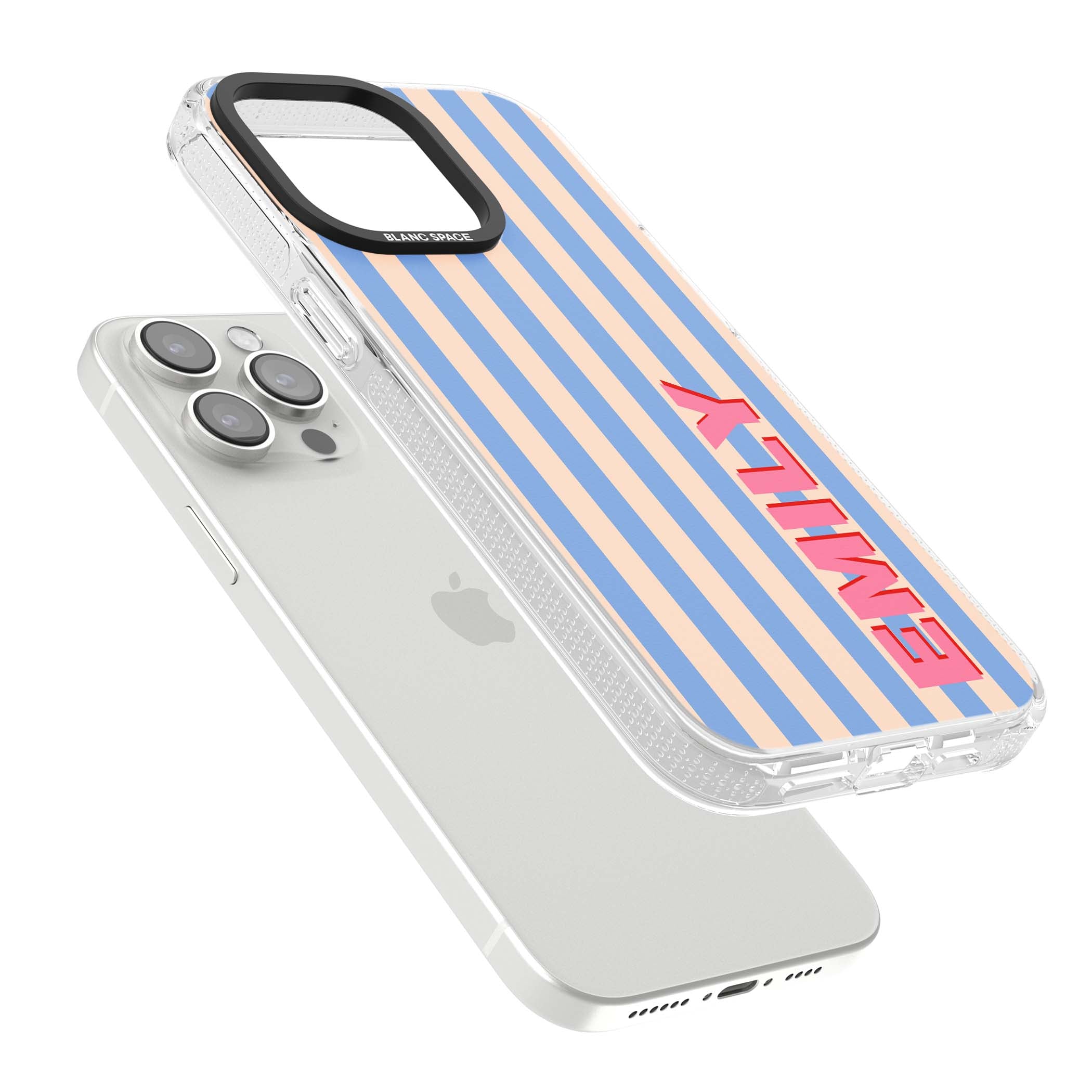 Coastal Stripe personalised coastal iPhone case with blue and peach vertical stripes and custom pink name | Clear Case Impact Air case for iPhone 15 Pro, iPhone 15 Pro Max