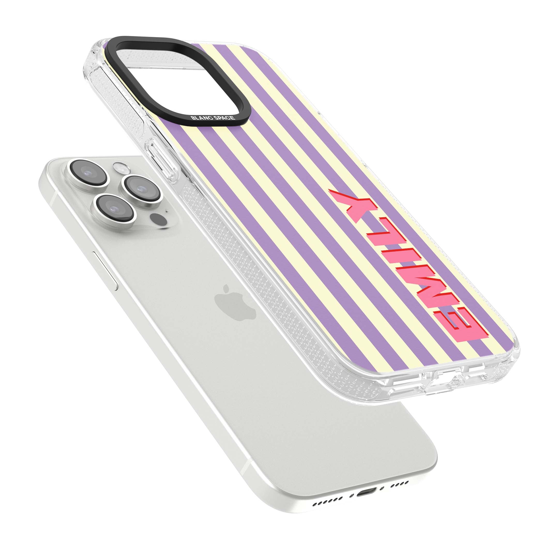 Valensole Stripe personalised iPhone case with purple and cream vertical stripes and pink custom name | Clear Case Impact Air case for iPhone 15 Pro, iPhone 15 Pro Max