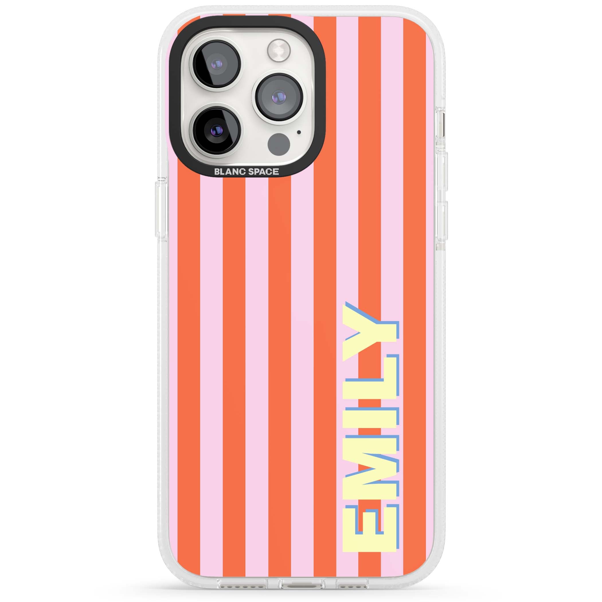 Havana Stripe personalised iPhone case featuring pink and orange vertical stripes with a custom yellow name | Clear Case Impact Air case for iPhone 15 Pro, iPhone 15 Pro Max