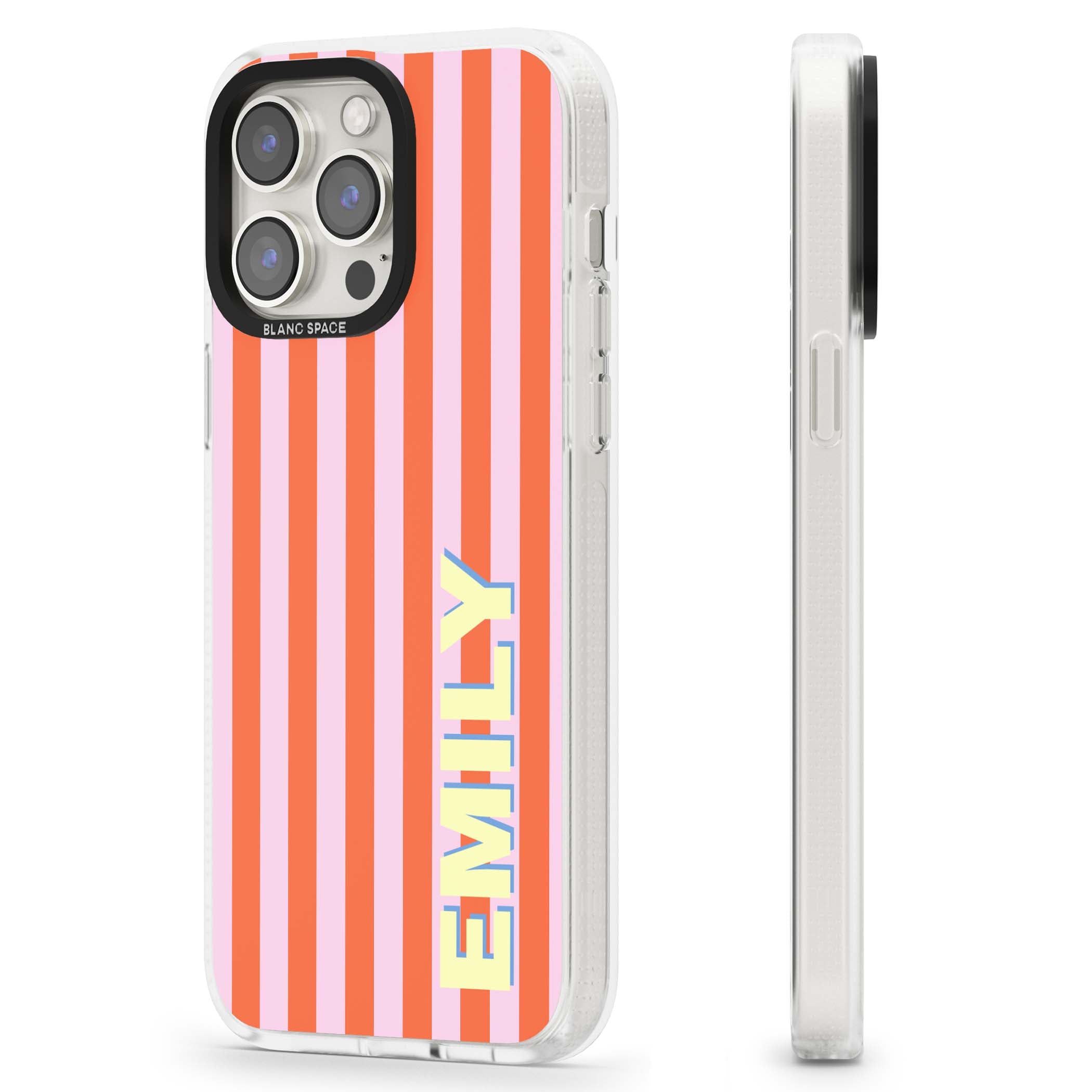 Havana Stripe personalised iPhone case featuring pink and orange vertical stripes with a custom yellow name | Clear Case Impact Air case for iPhone 15 Pro, iPhone 15 Pro Max
