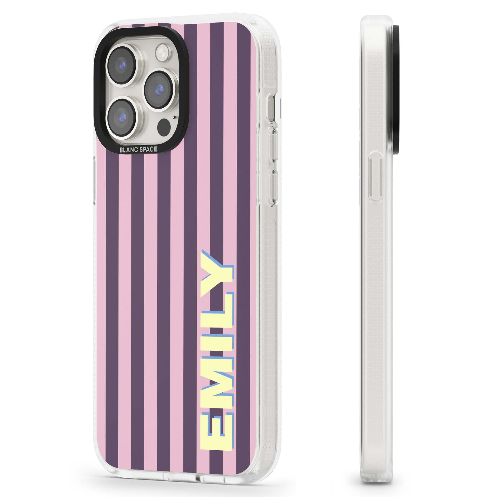 Tyre Stripe personalised stripe iPhone case with plum and pink vertical stripes and custom yellow name | Clear Case Impact Air case for iPhone 15 Pro, iPhone 15 Pro Max