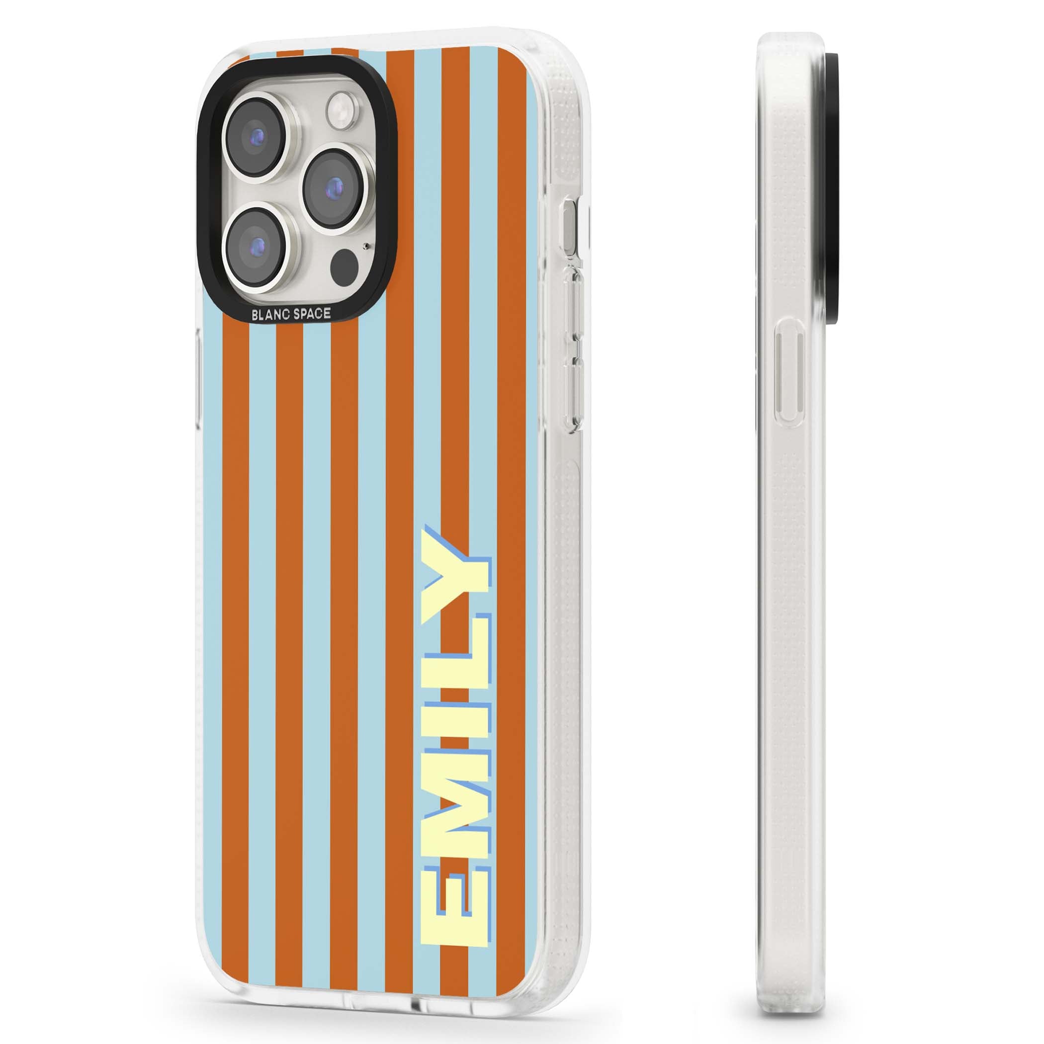 Cappadocia Stripe personalised coastal iPhone case featuring blue and orange vertical stripes with custom cream name | Clear Case Impact Air case for iPhone 15 Pro, iPhone 15 Pro Max