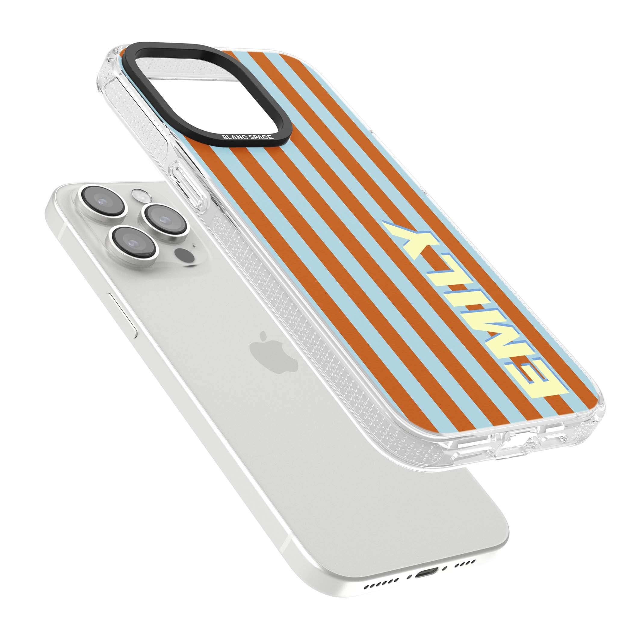 Cappadocia Stripe personalised coastal iPhone case featuring blue and orange vertical stripes with custom cream name | Clear Case Impact Air case for iPhone 15 Pro, iPhone 15 Pro Max