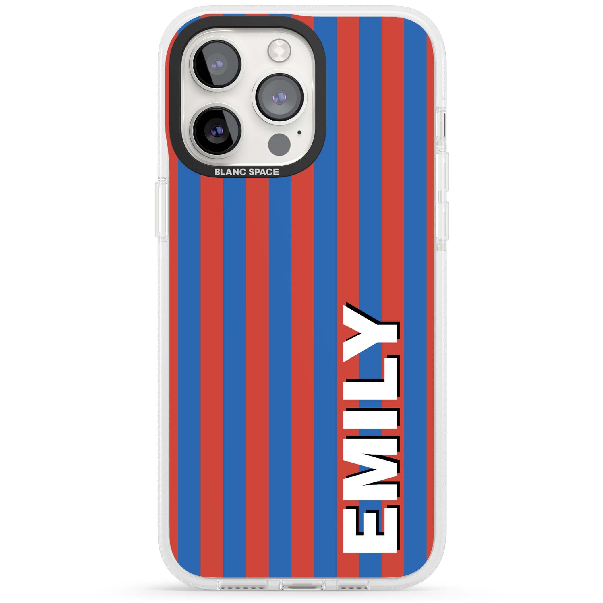 Cuban Stripe personalised iPhone case featuring red and blue vertical stripes with custom name in bold white letters | Clear Case Impact Air case for iPhone 15 Pro, iPhone 15 Pro Max