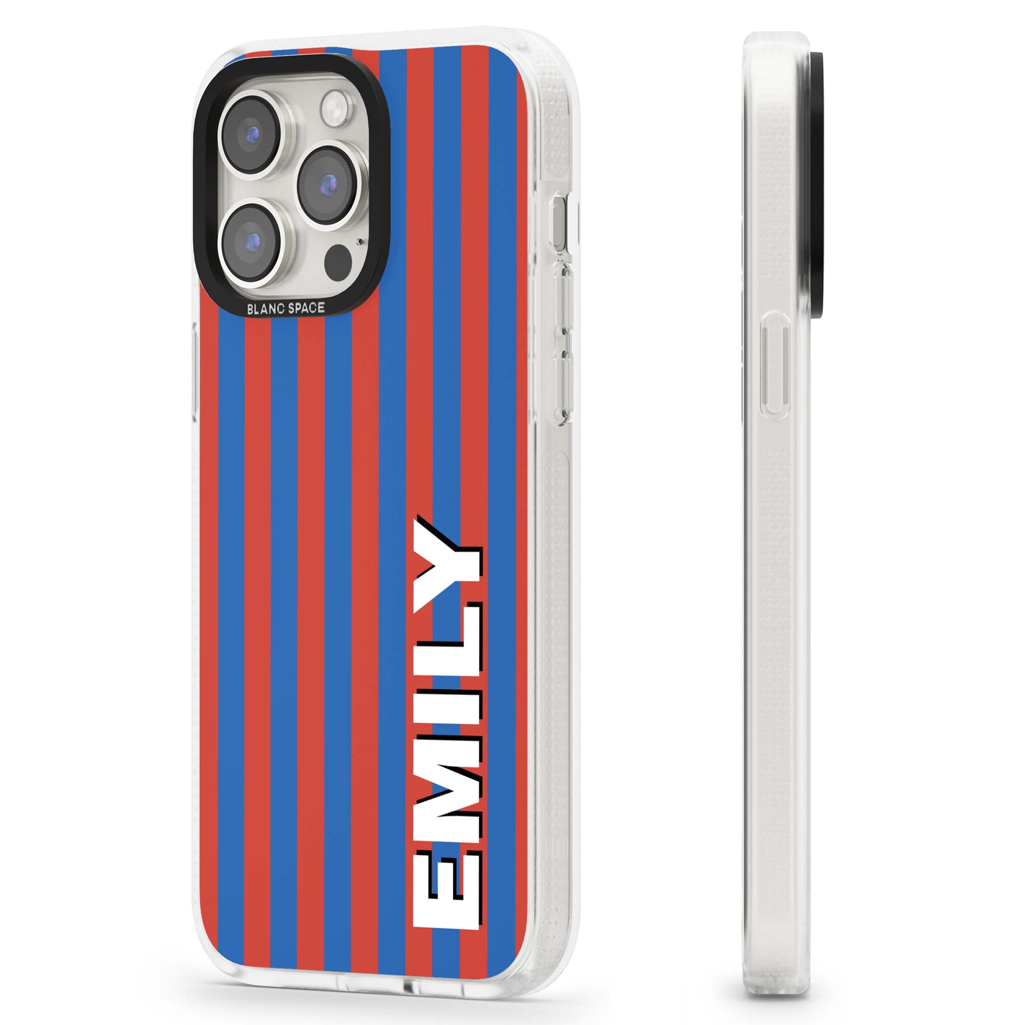 Cuban Stripe personalised iPhone case featuring red and blue vertical stripes with custom name in bold white letters | Clear Case Impact Air case for iPhone 15 Pro, iPhone 15 Pro Max