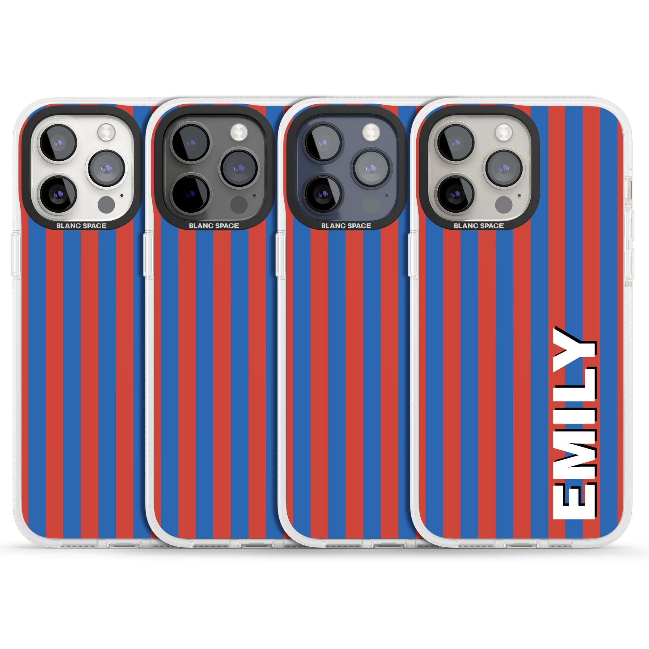 Cuban Stripe personalised iPhone case featuring red and blue vertical stripes with custom name in bold white letters | Clear Case Impact Air case for iPhone 15 Pro, iPhone 15 Pro Max