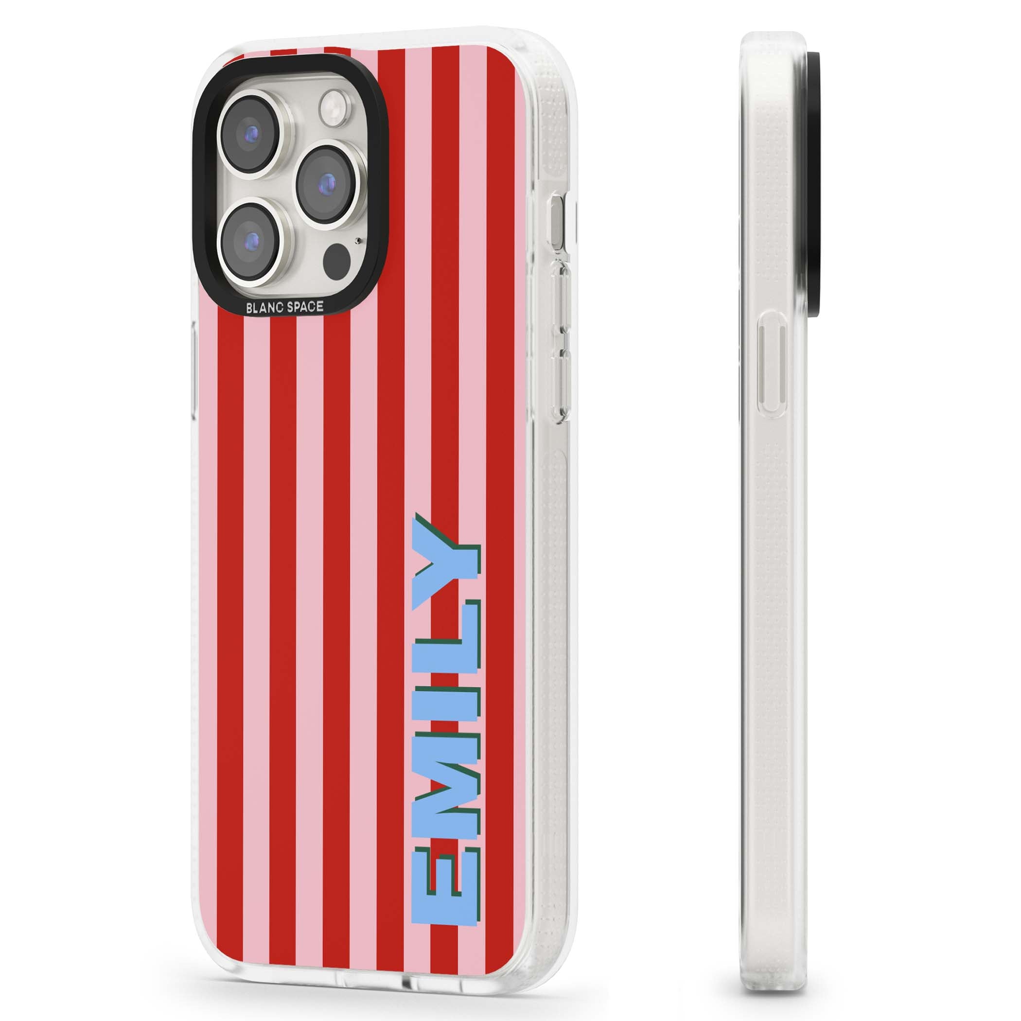 Market Stripe personalised iPhone case with red and pink vertical stripes and custom blue name | Clear Case Impact Air case for iPhone 15 Pro, iPhone 15 Pro Max