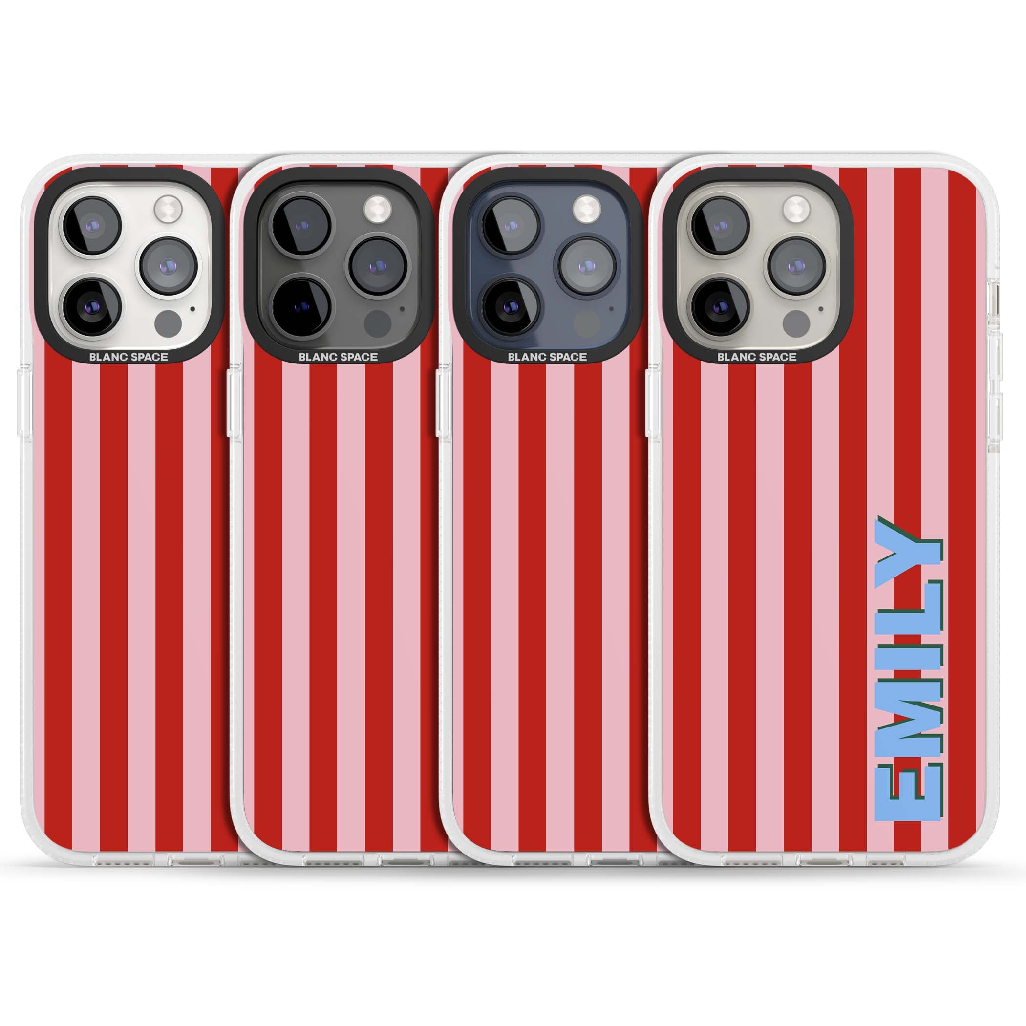 Market Stripe personalised iPhone case with red and pink vertical stripes and custom blue name | Clear Case Impact Air case for iPhone 15 Pro, iPhone 15 Pro Max