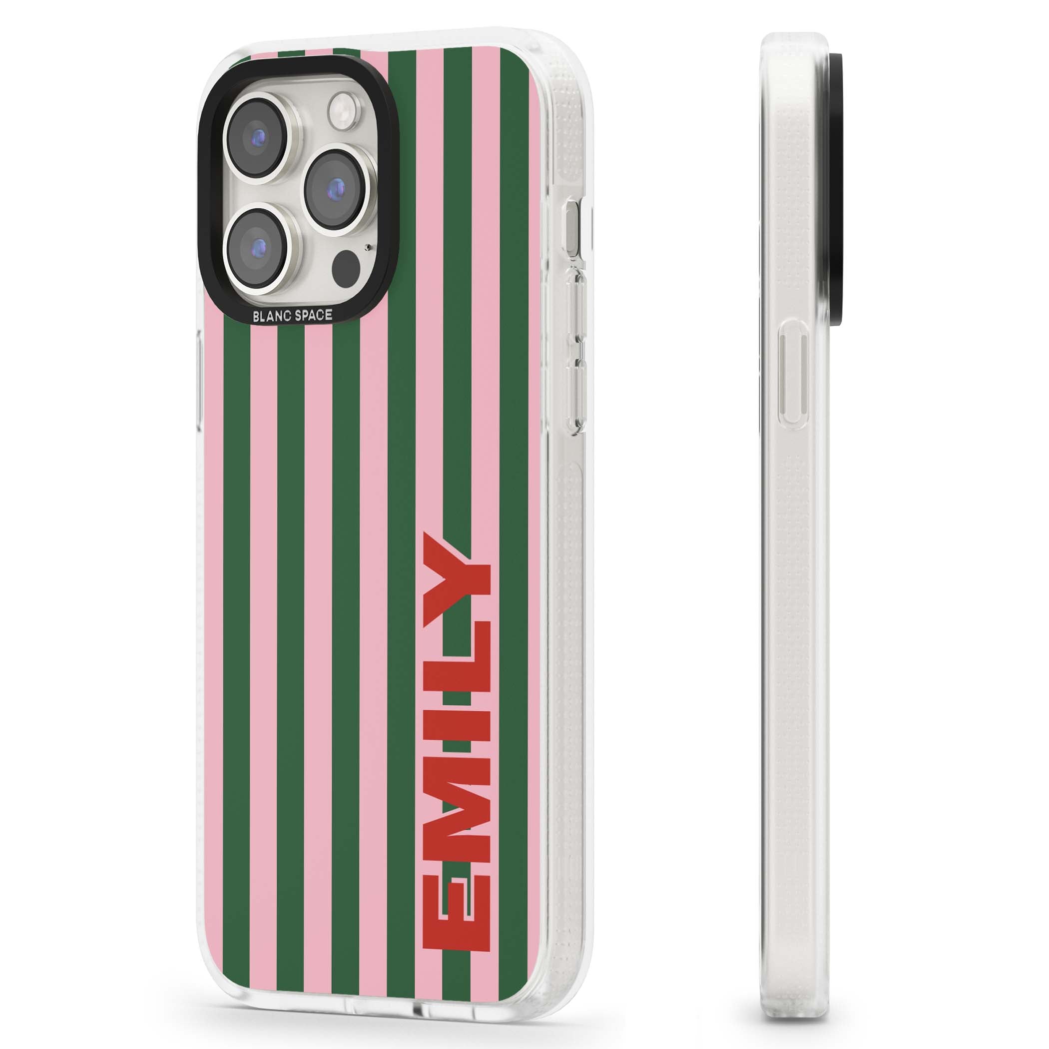 Italian Stripe preppy iPhone case featuring pink and green vertical stripes with personalised red name | Clear Case Impact Air case for iPhone 15 Pro, iPhone 15 Pro Max