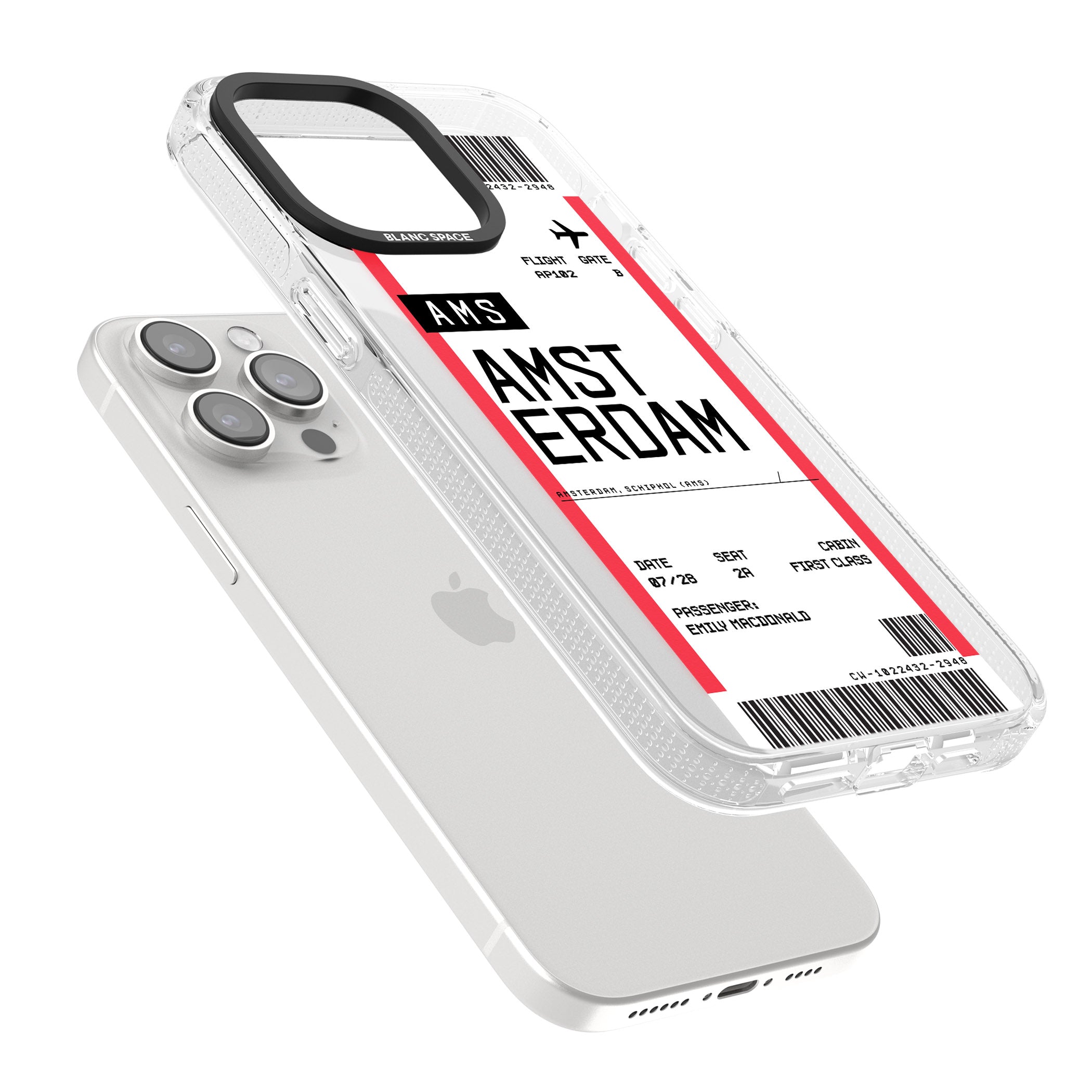 Personalised Amsterdam Boarding Pass iPhone 15 Pro Max / 15 Pro / 14 Pro Max / 14 Pro / 13 Pro Clear Case Impact Air - Blanc Space