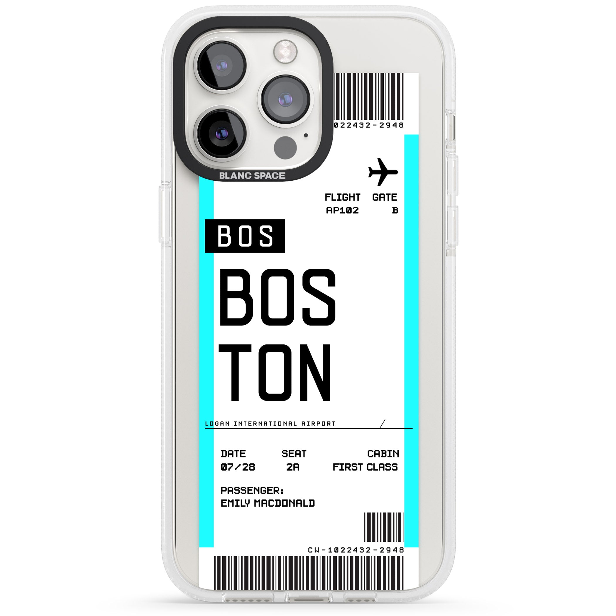 Personalised Boston Boarding Pass iPhone 15 Pro Max / 15 Pro / 14 Pro Max / 14 Pro / 13 Pro Clear Case Impact Air - Blanc Space