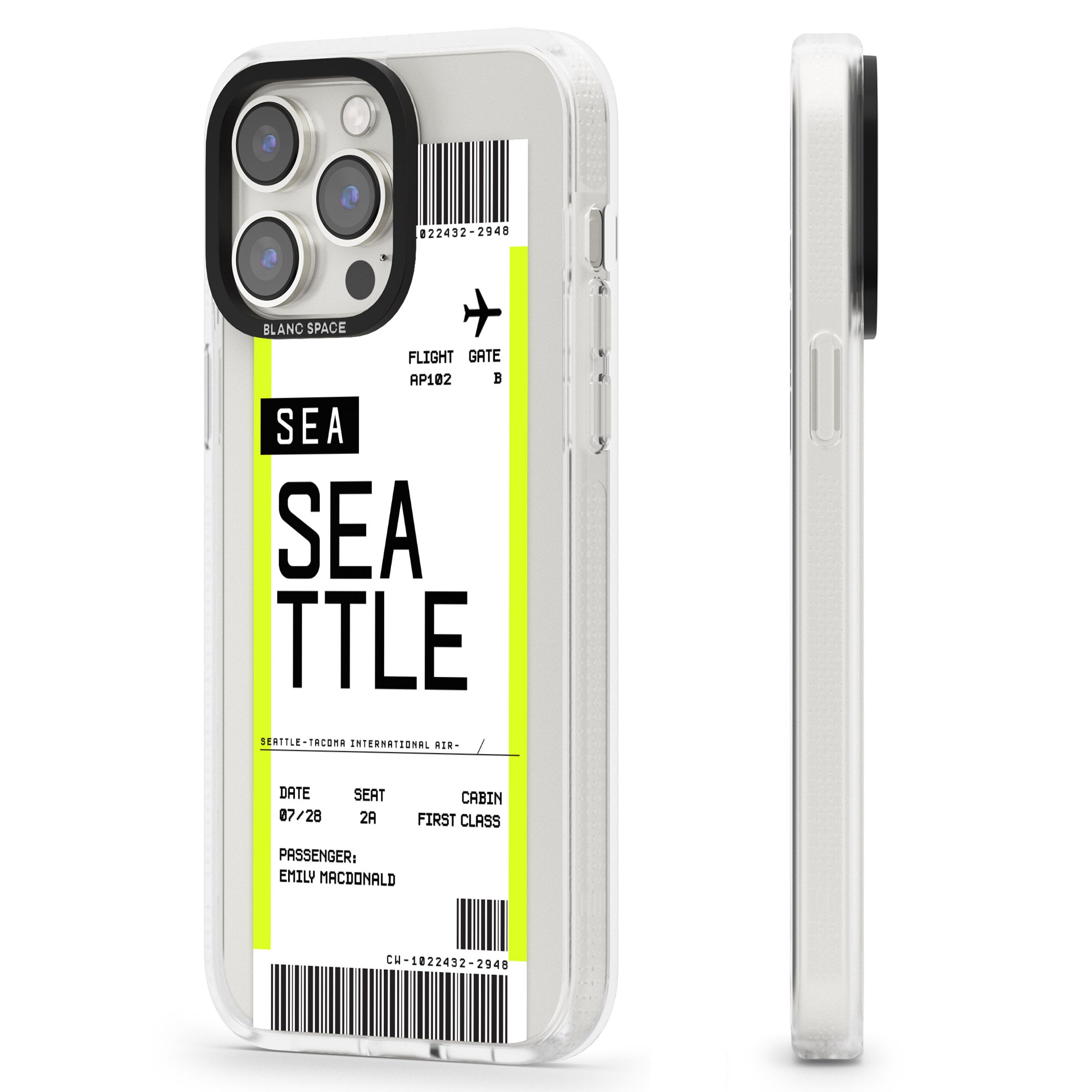 Personalised Seattle Boarding Pass iPhone 15 Pro Max / 15 Pro / 14 Pro Max / 14 Pro / 13 Pro Clear Case Impact Air - Blanc Space