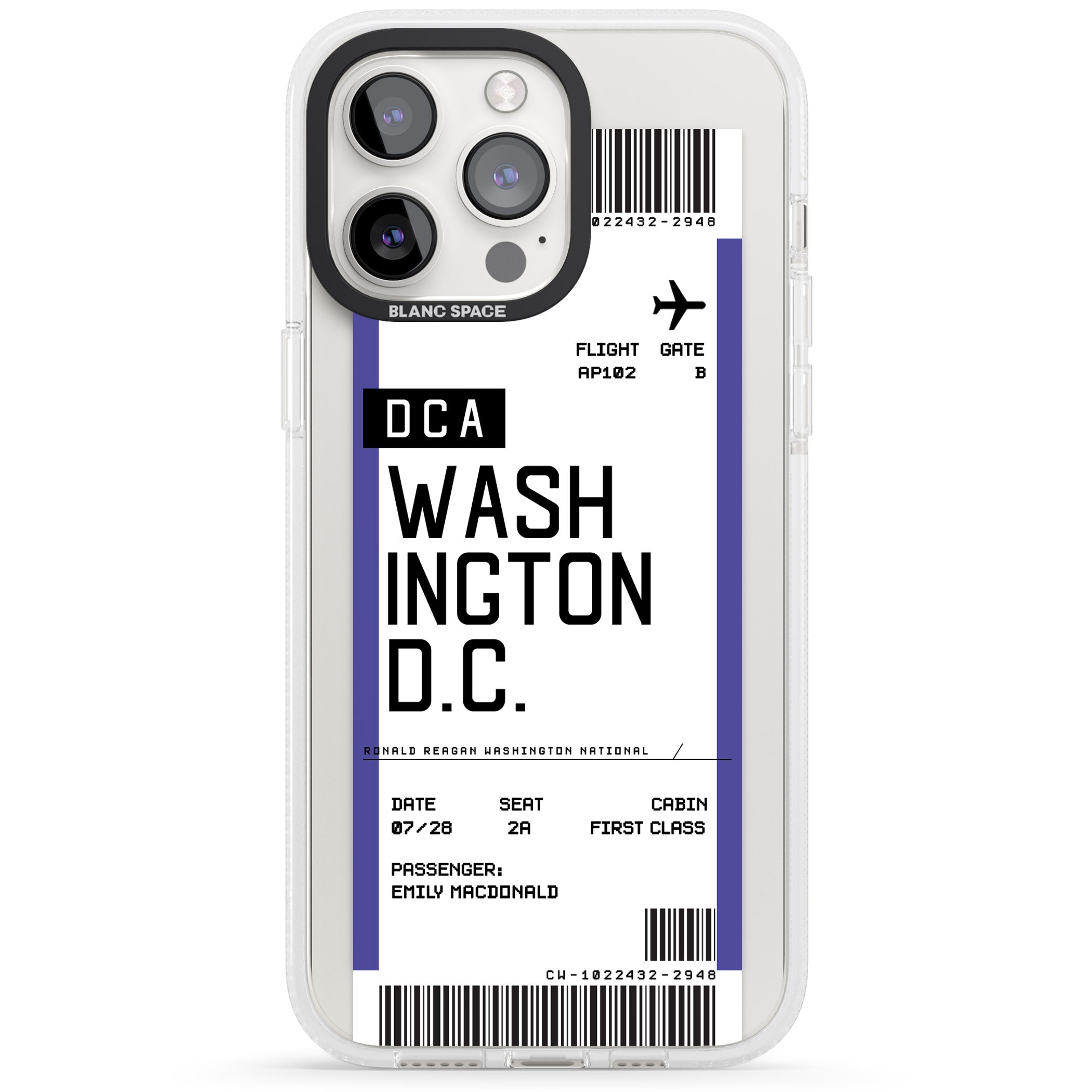 Personalised Washington D.C. Boarding Pass iPhone 15 Pro Max / 15 Pro / 14 Pro Max / 14 Pro / 13 Pro Clear Case Impact Air - Blanc Space
